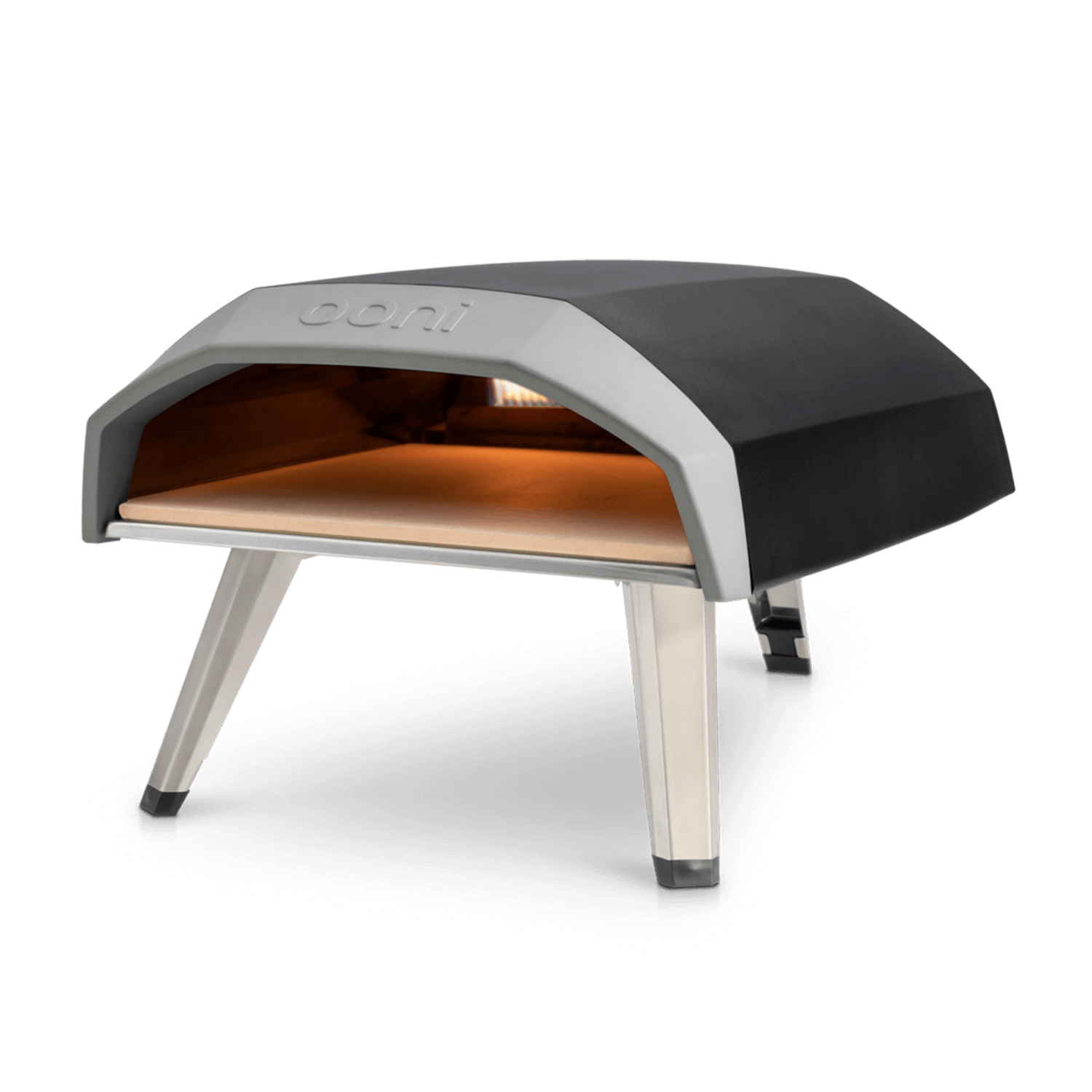 Forno per pizza da esterno con parte superiore nera, finiture grigie e gambe argentate.
