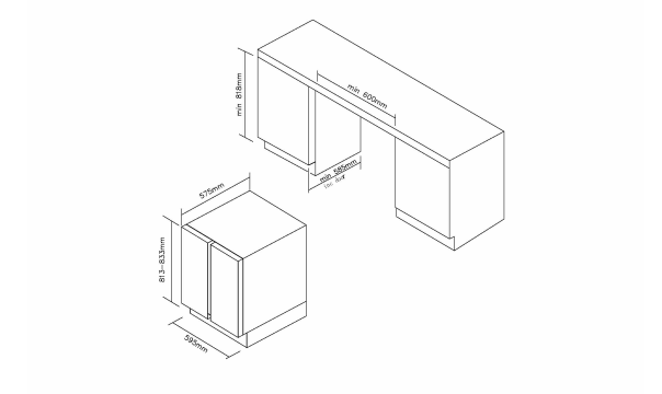 Konyhaszekrény diagramja beépített sütővel és mikrohullámú sütővel.