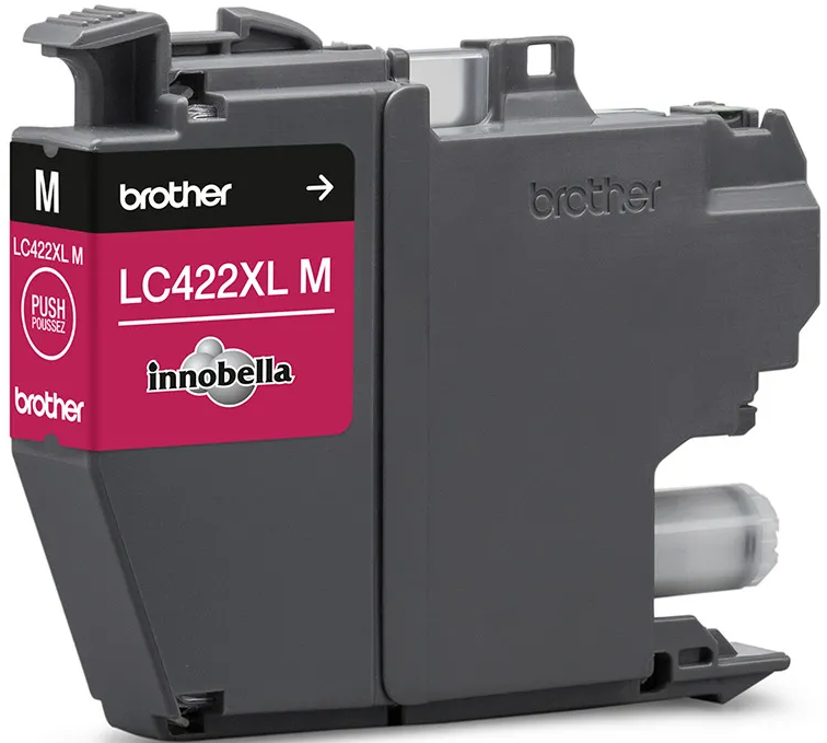 Magentafarbene Tintenpatrone für einen Brother-Drucker, mit Branding und Push-Anweisung.