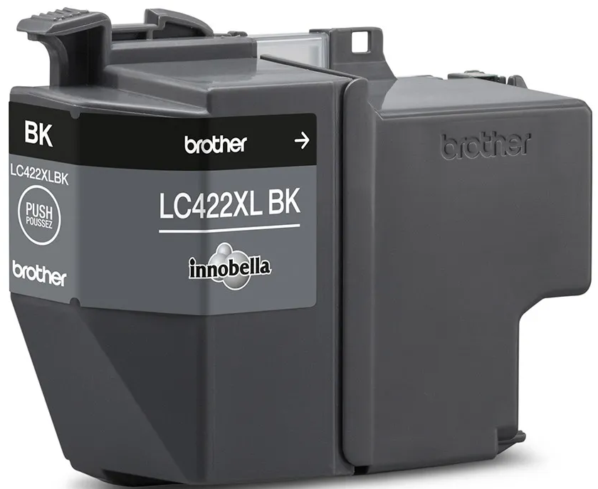 Schwarze Brother LC422XL BK Tintenpatrone. Marke und Modellinformationen sind sichtbar.