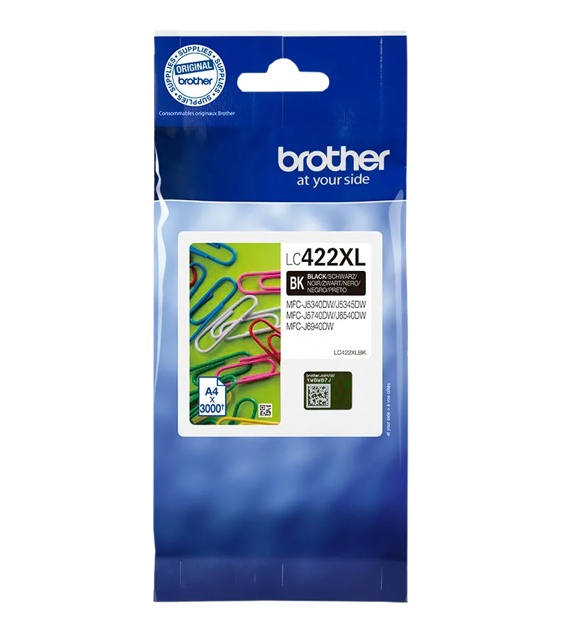 Eine Packung Brother LC422XL Tintenpatronen mit farbigen Büroklammern vor weißem Hintergrund.