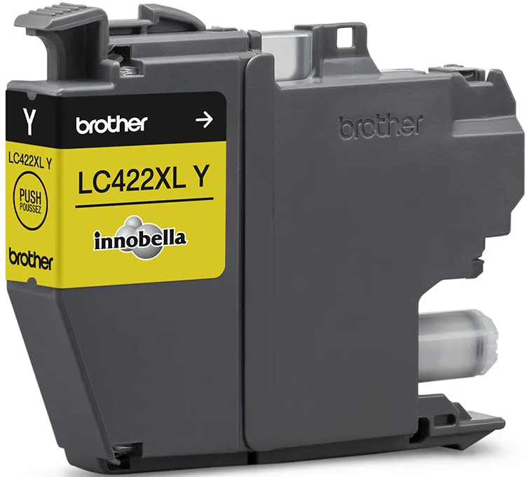 Gelbe Brother LC422XL Y Tintenpatrone. Grau und gelb. Etikett mit Text.