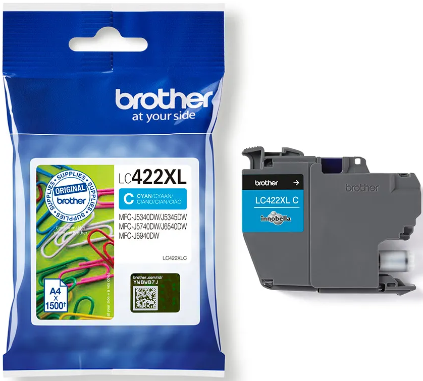 Eine blaue Brother-Tintenpatronenverpackung mit einer cyanfarbenen Tintenpatrone darin.