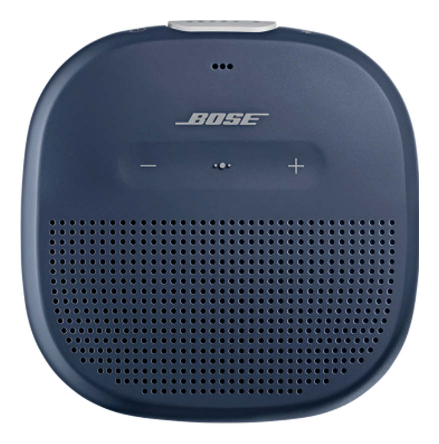Blauer Bose-Lautsprecher. Hat Lautsprecherlöcher, Lautstärketasten und das Bose-Logo. Weißer Knopf oben.
