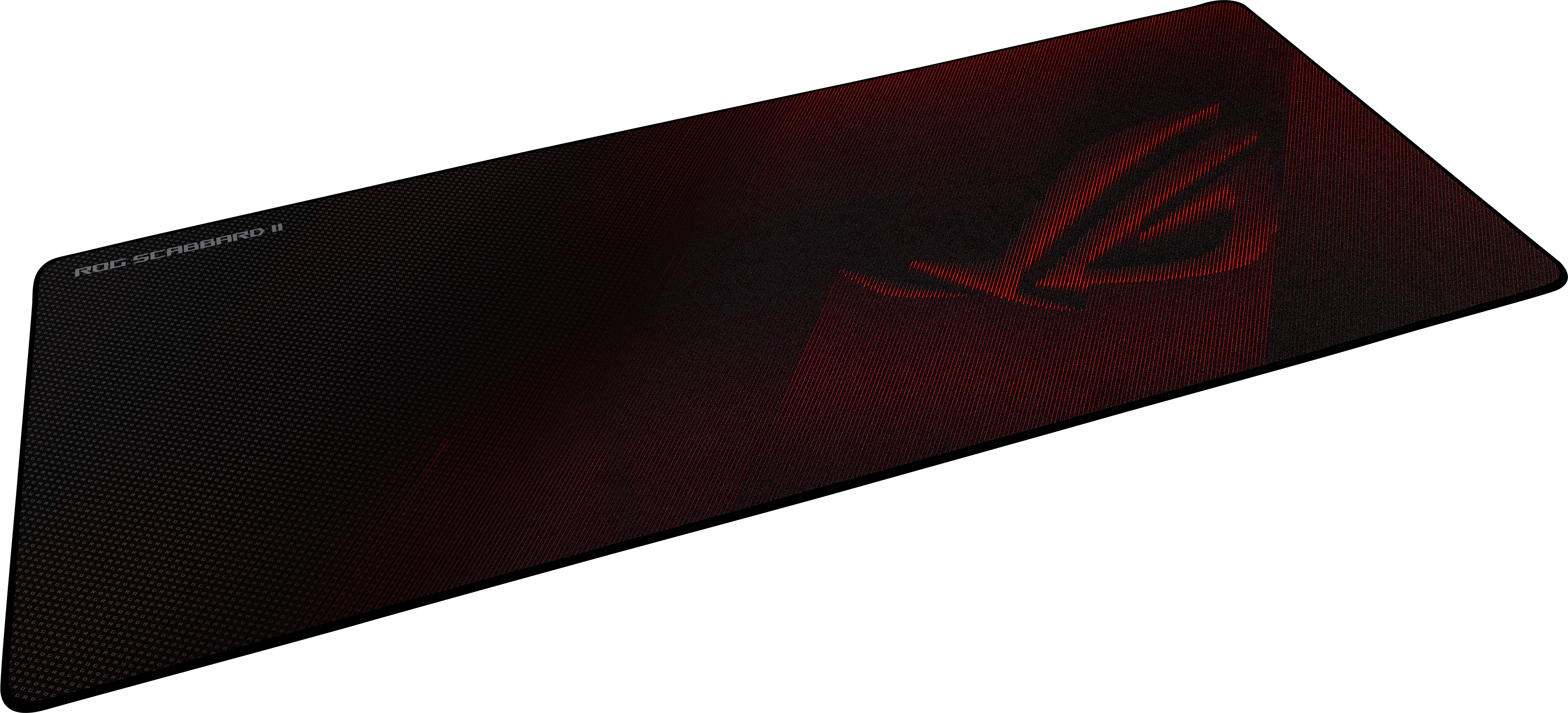 Tappetino mouse nero con logo ROG rosso e testo 'ROG SCABBARD II'.