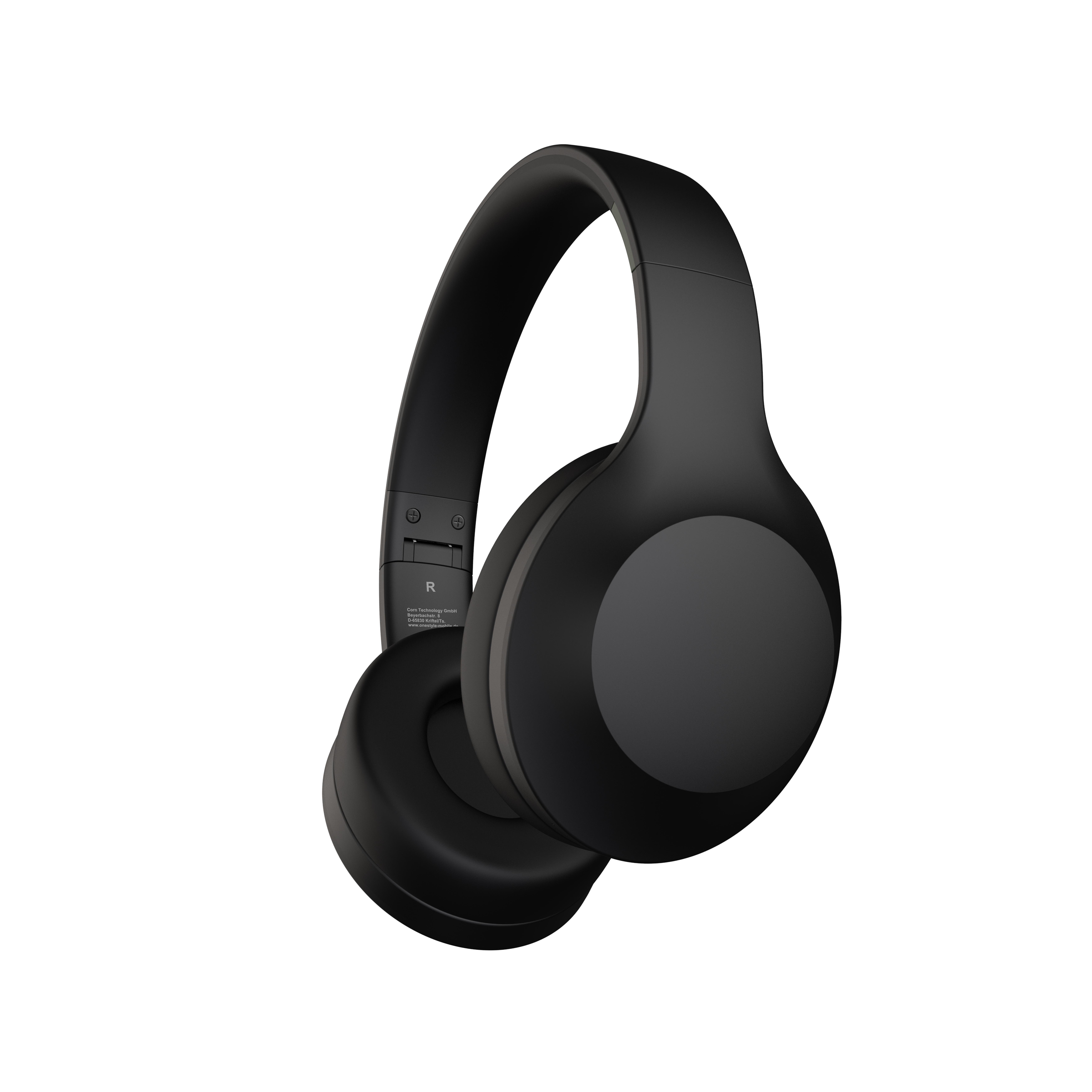 Schwarze Kopfhörer auf weißem Hintergrund, Seitenansicht. Over-Ear-Design.