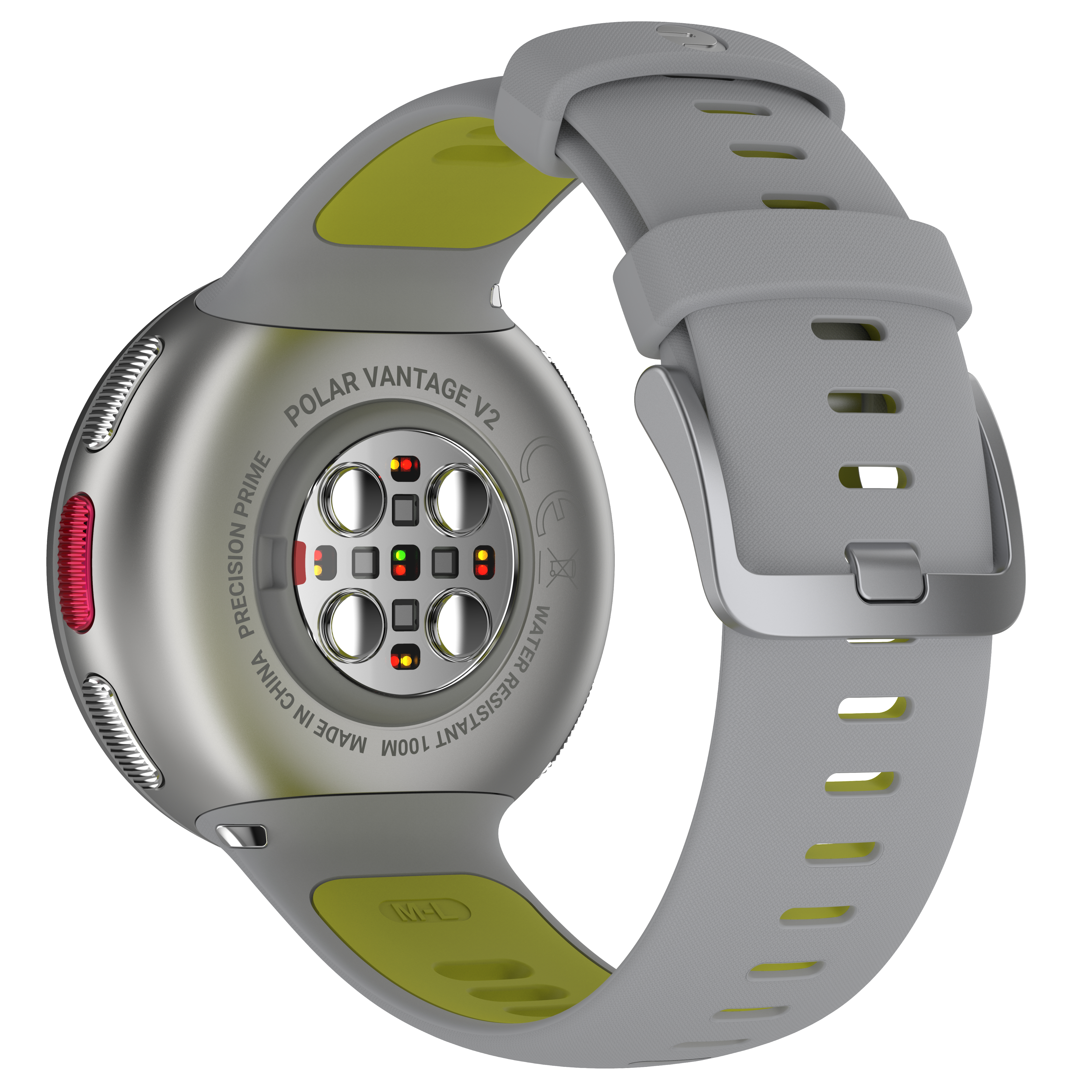 Polar Vantage V2 Uhr, Unterseite mit Sensoren und Armband zeigend.