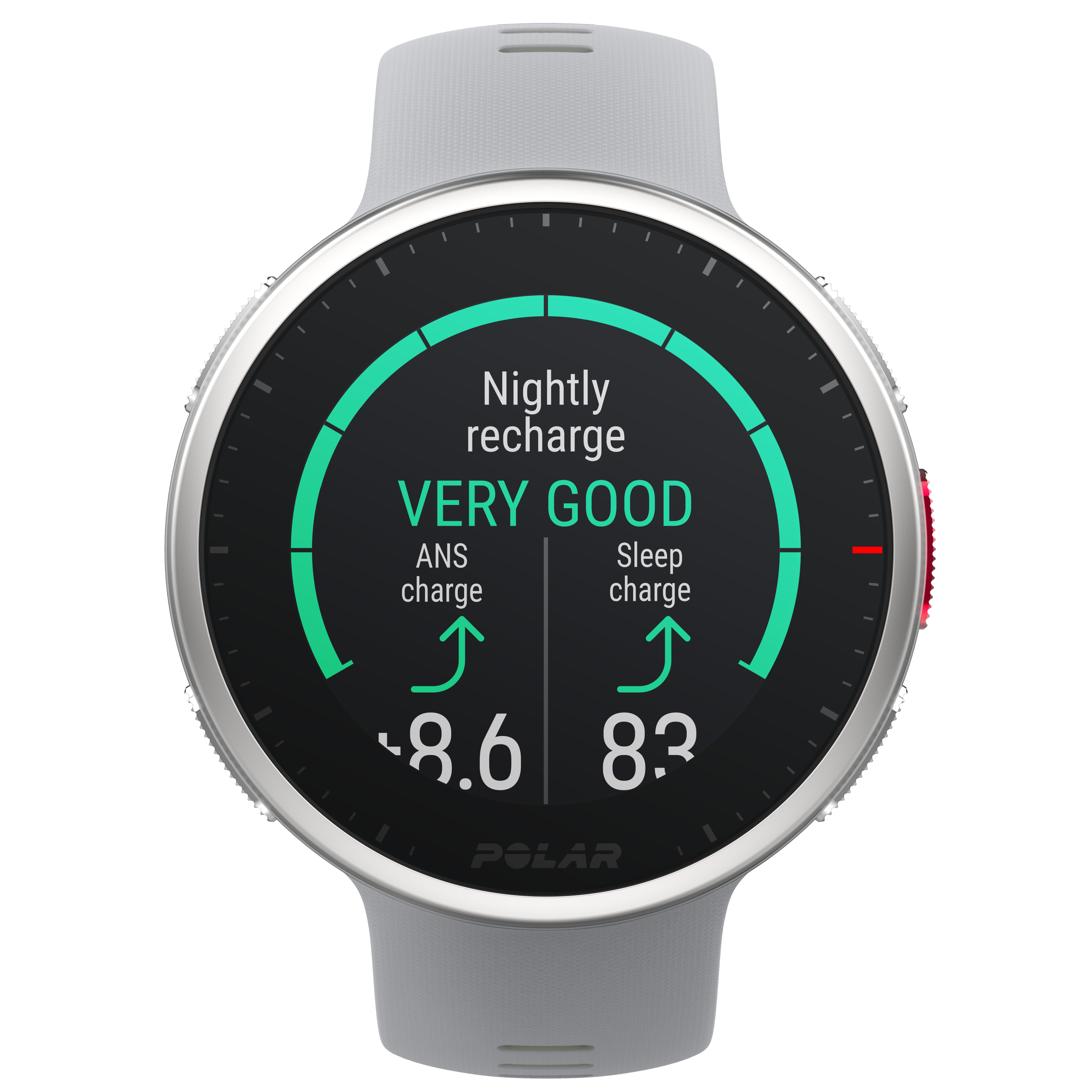 Eine graue Smartwatch, die Schlafdaten mit Schlaft- und ANS-Ladeinformationen anzeigt.