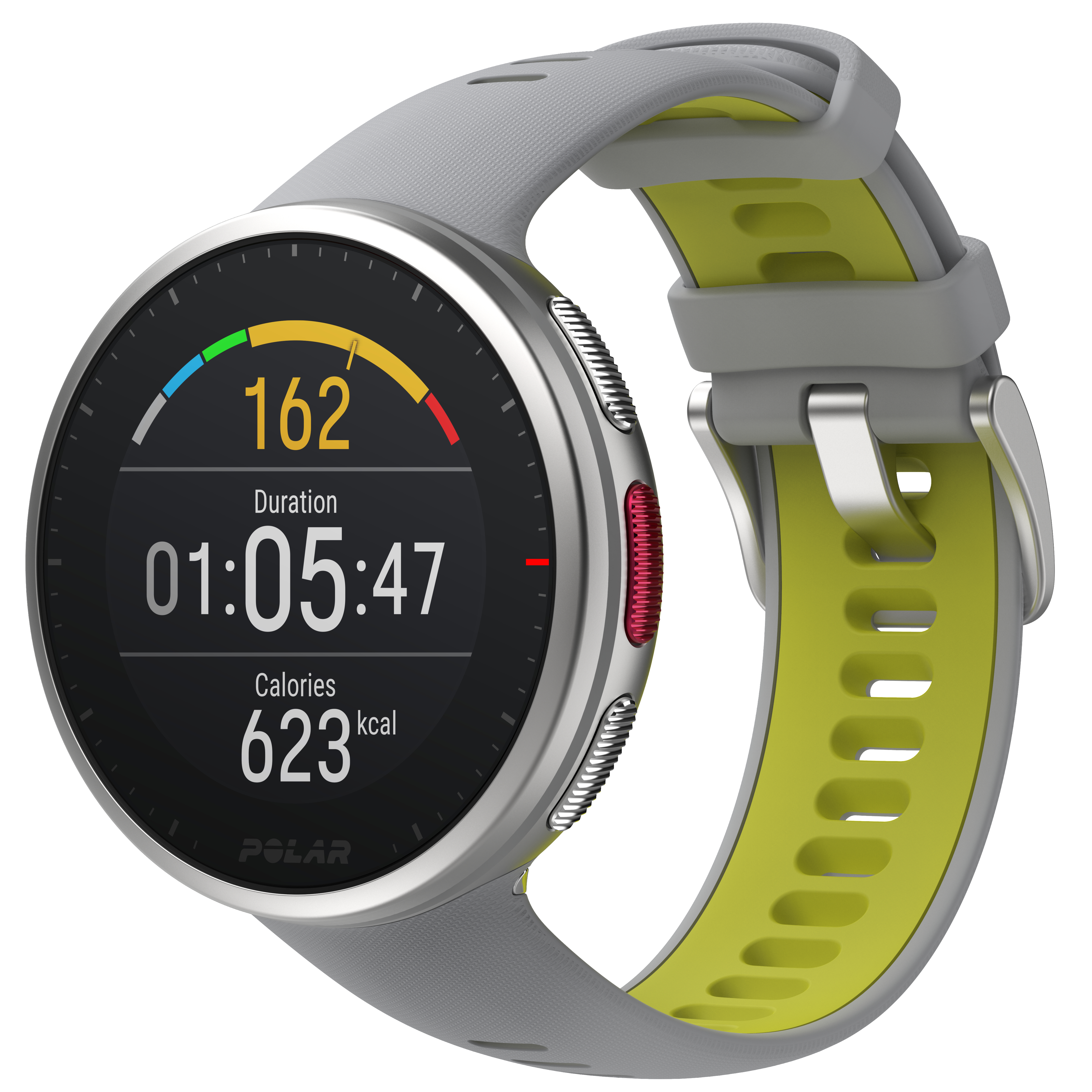 Smartwatch mit Zeit, Dauer, Kalorienverbrauch. Graues Band, gelbes Innere.