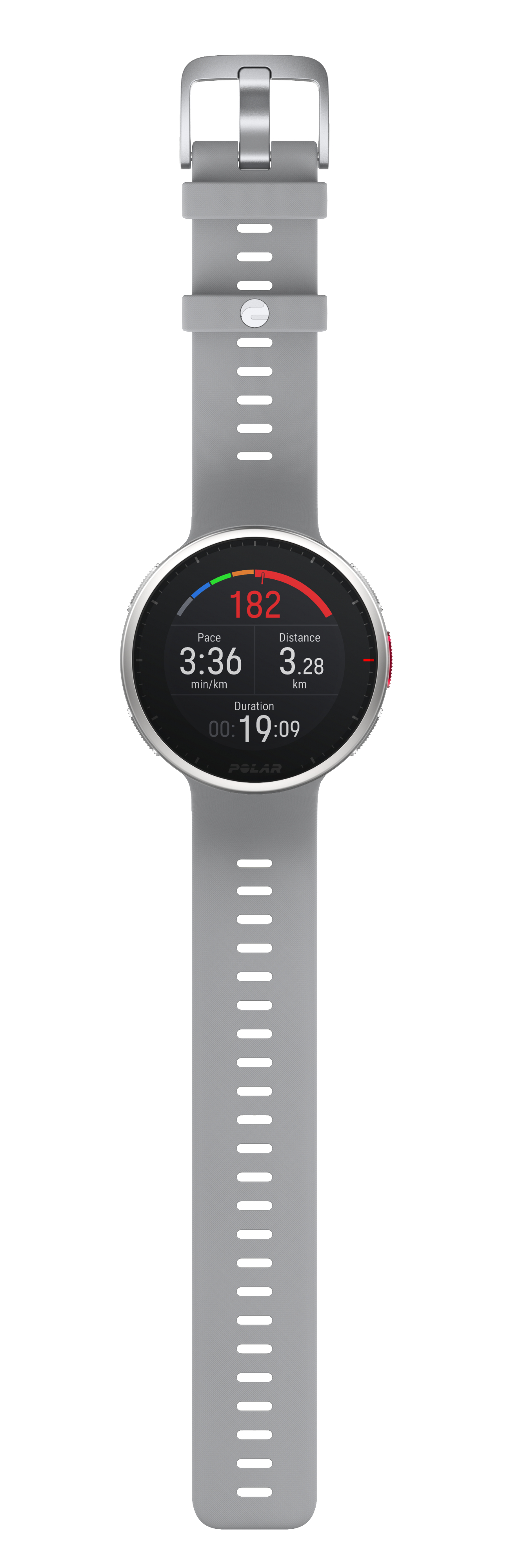 Eine graue Polar Vantage M2 Smartwatch, die Trainingsdaten anzeigt, mit grauem Armband.