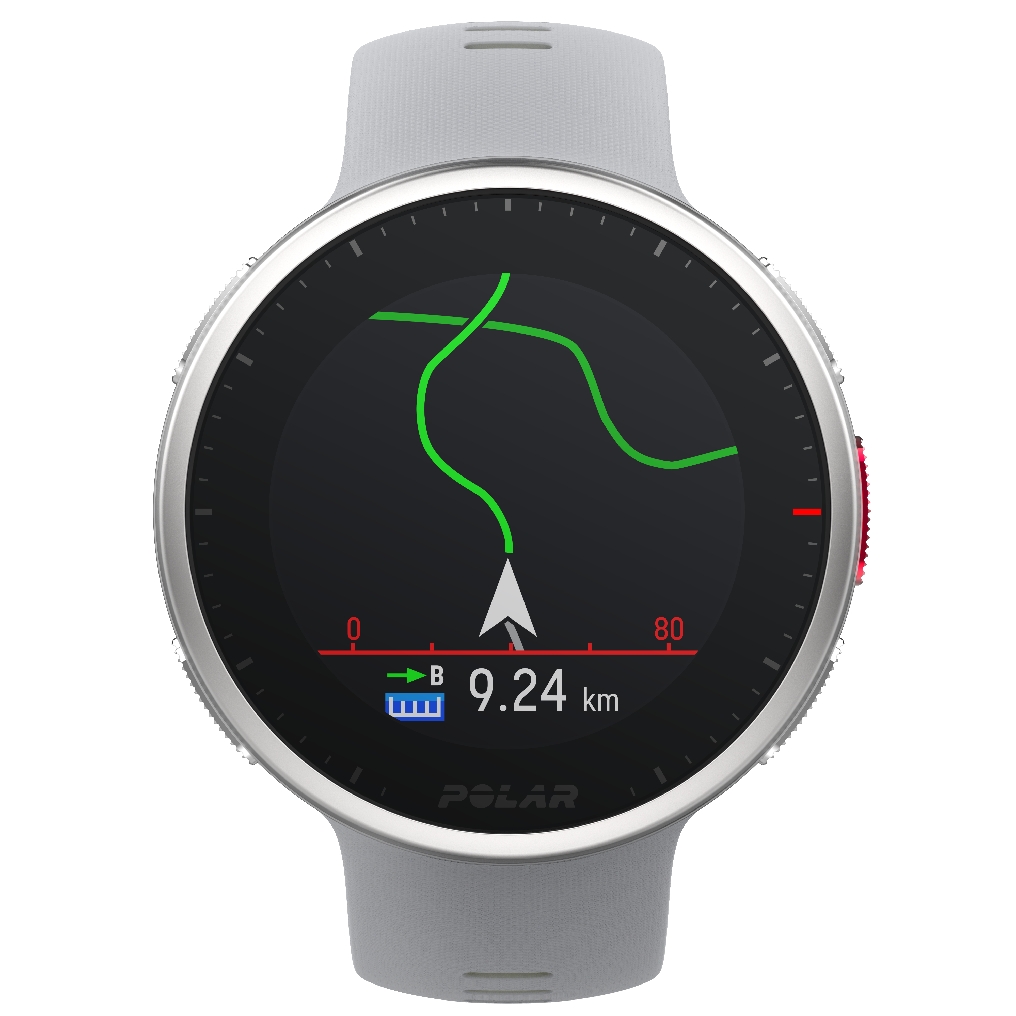 Eine graue Polar-Smartwatch zeigt eine grüne Routenkarte und Entfernung an.