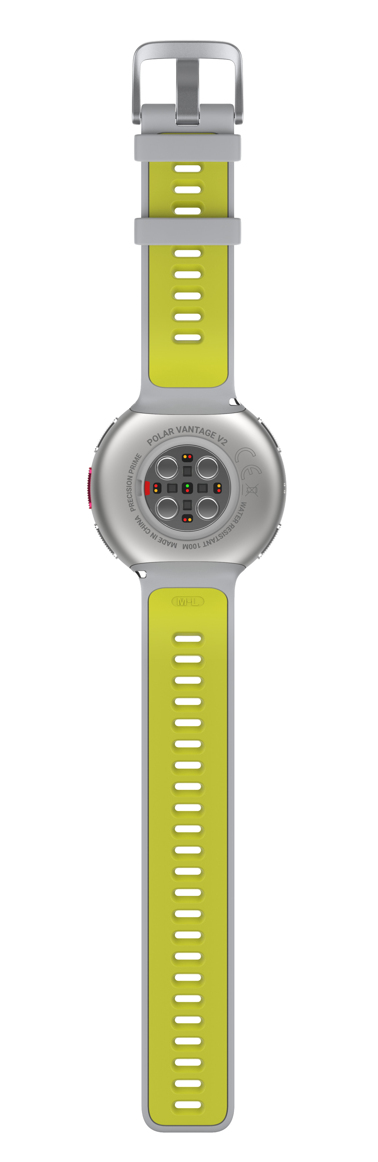 Rückseite einer Polar Smartwatch. Gelbes Armband, silbernes Gehäuse, roter Knopf und Sensoren für Herzfrequenz.