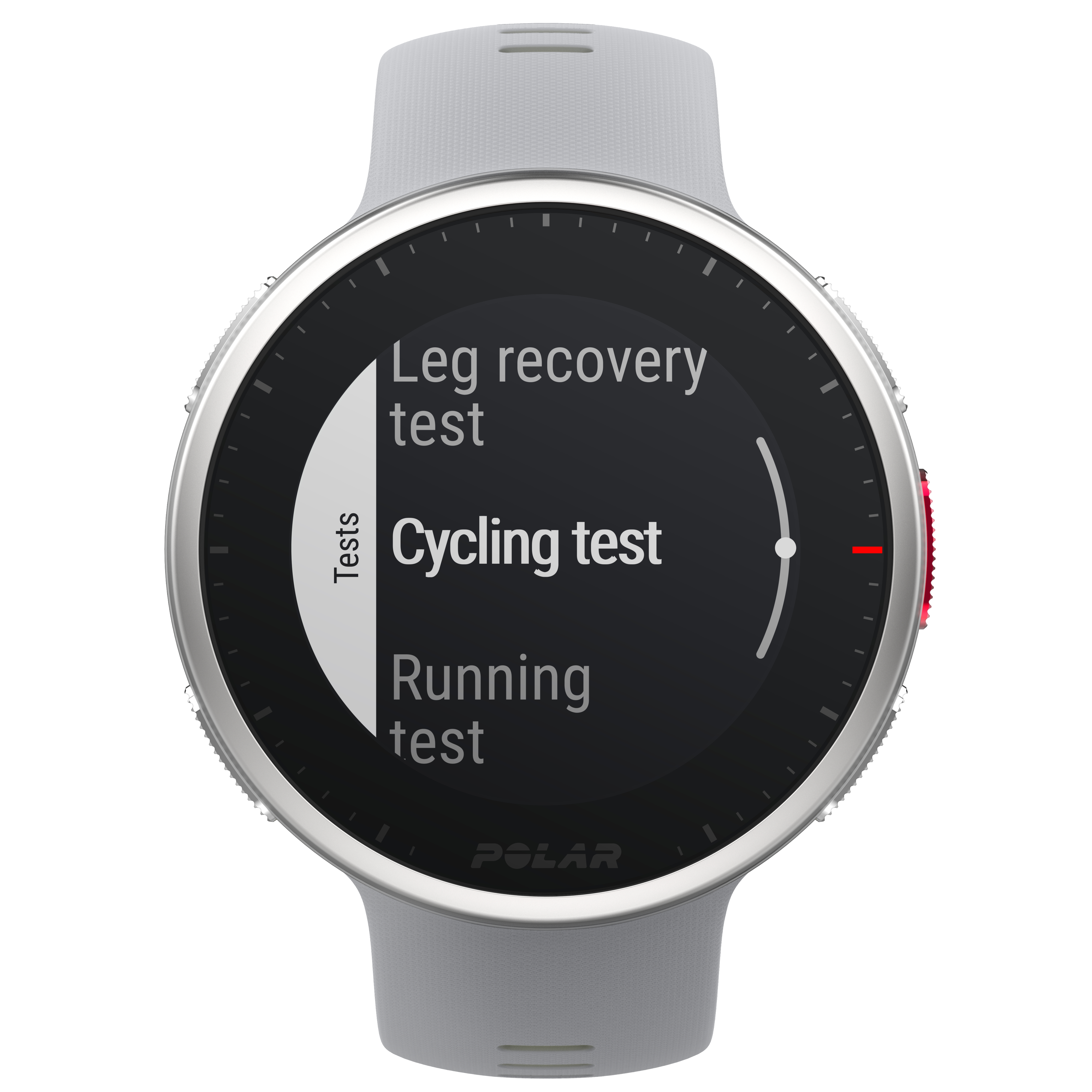 Nahaufnahme einer Polar Smartwatch mit schwarzem Bildschirm, der Testoptionen für Laufen, Radfahren und Bein-Regeneration anzeigt.