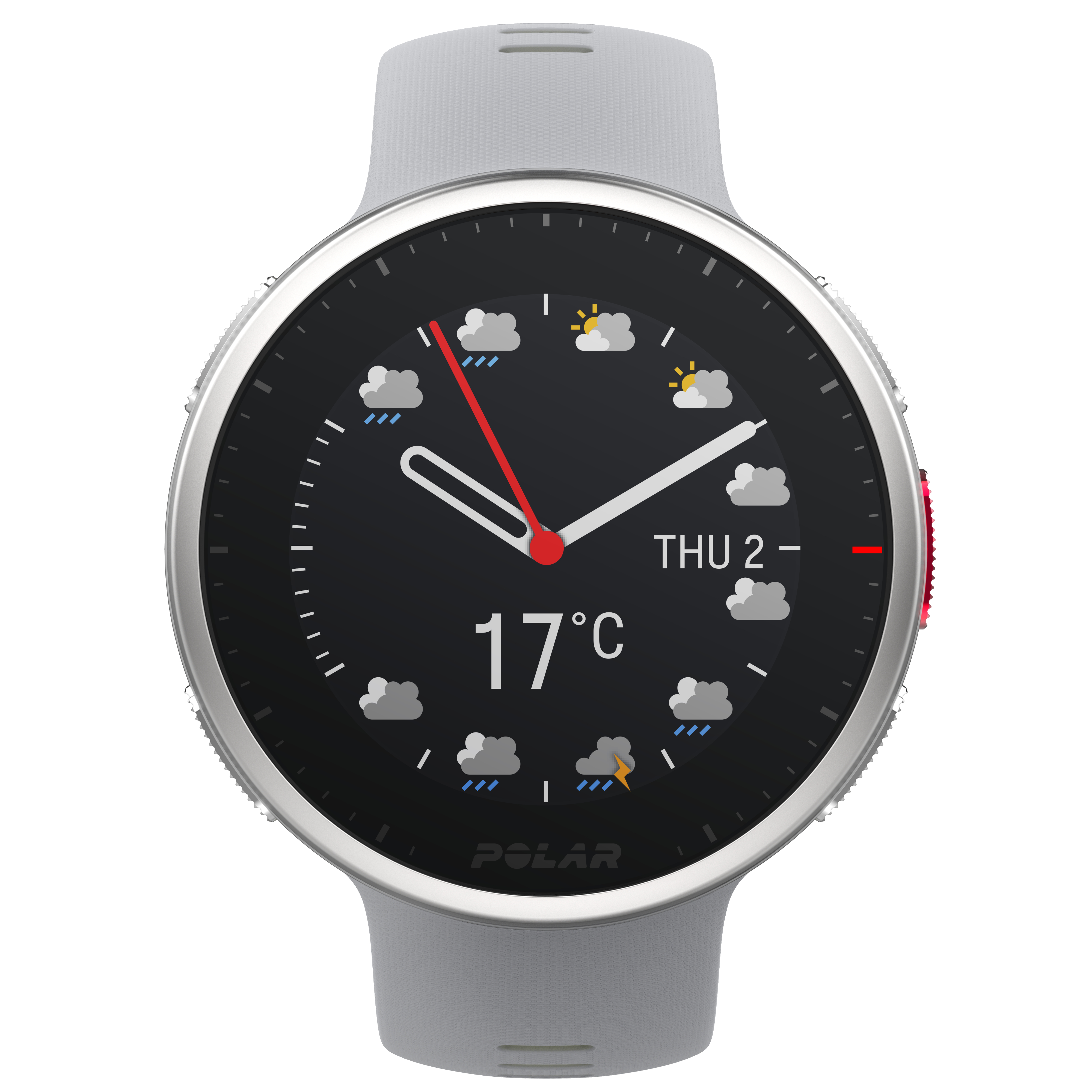 Eine graue Smartwatch mit Wetteranzeige, die die aktuelle Temperatur anzeigt.