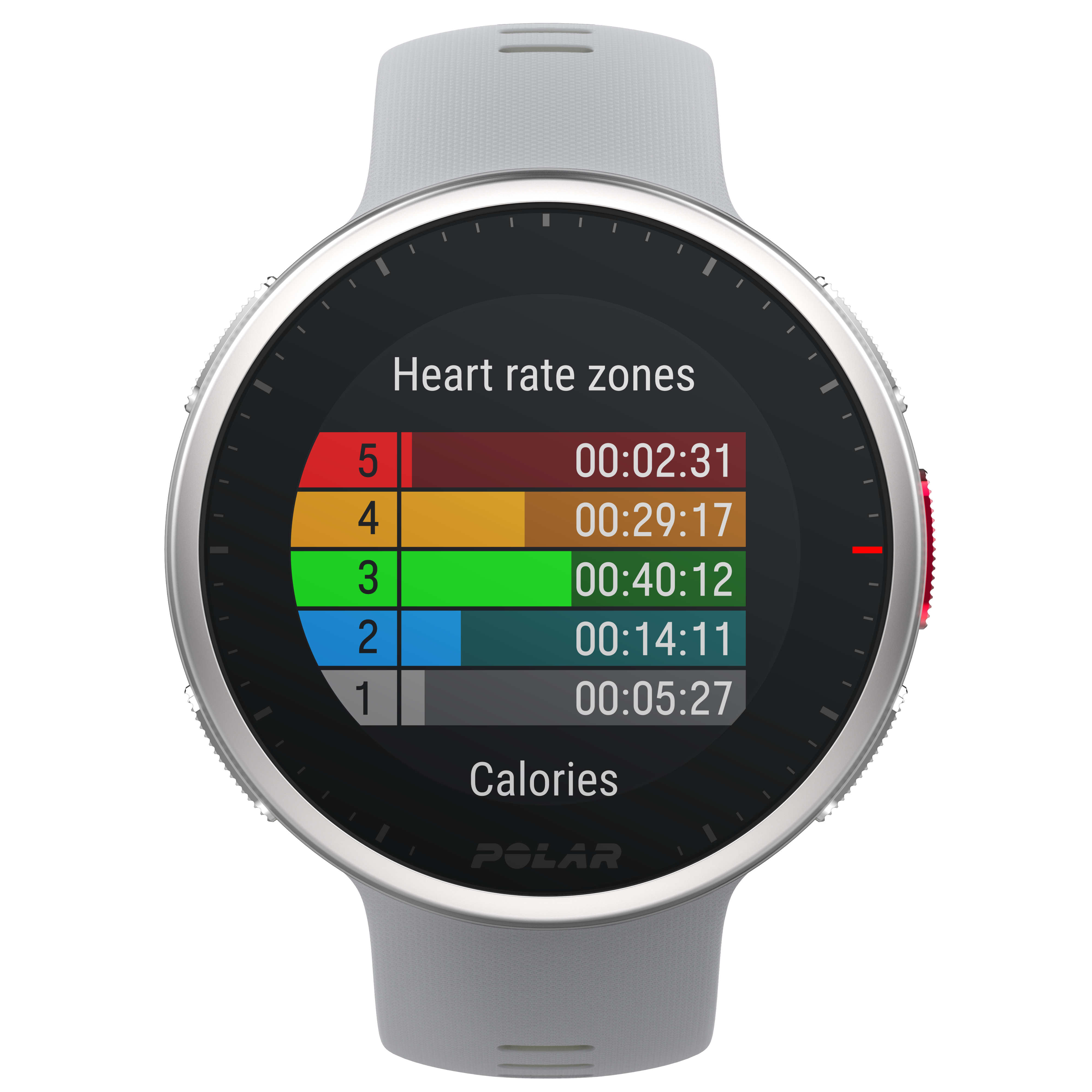Graue Smartwatch mit rundem Display. Zeigt Herzfrequenzzonen-Daten.