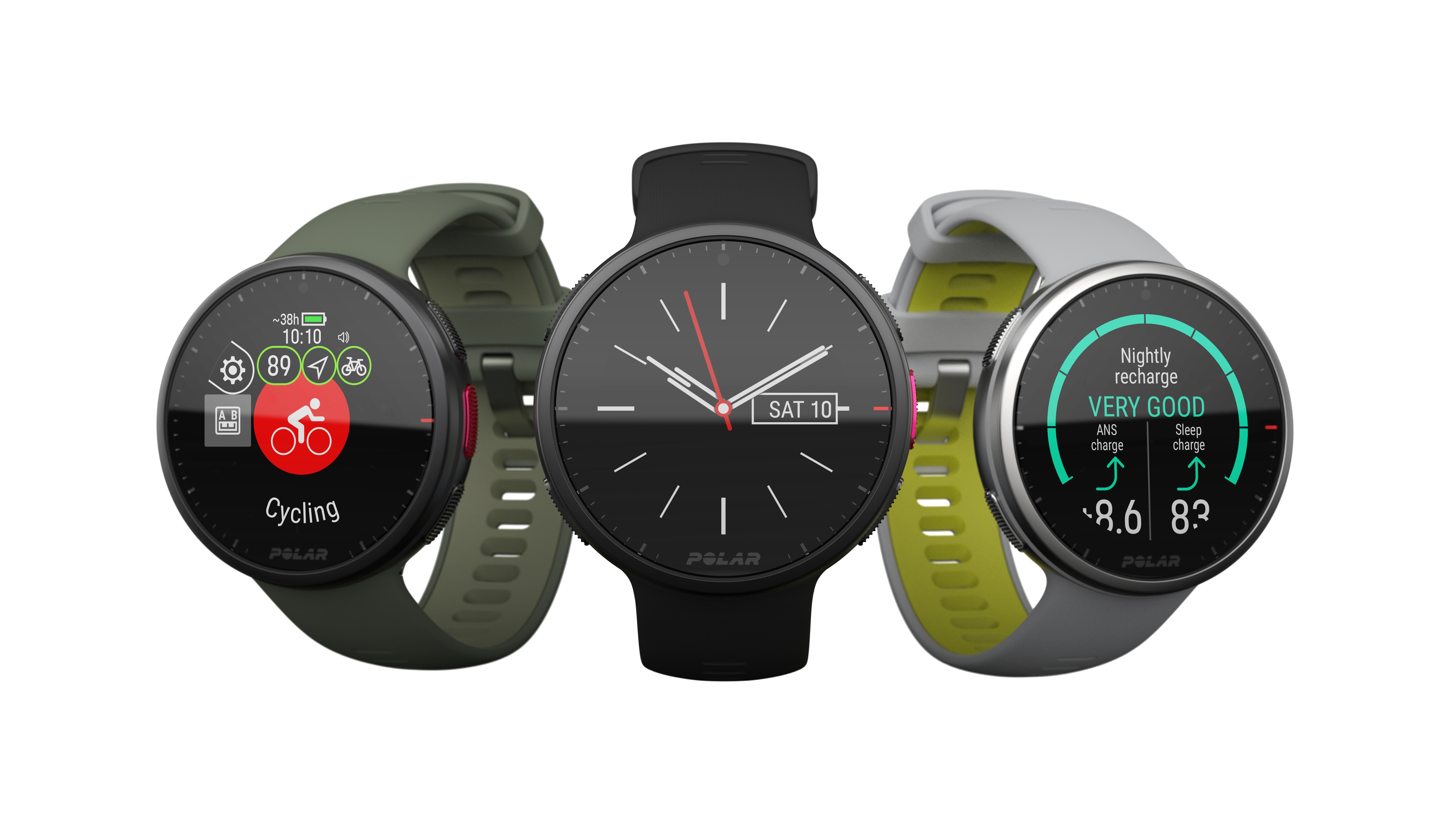 Drei Smartwatches: grün, schwarz und grau, zeigen Daten auf weißem Hintergrund.
