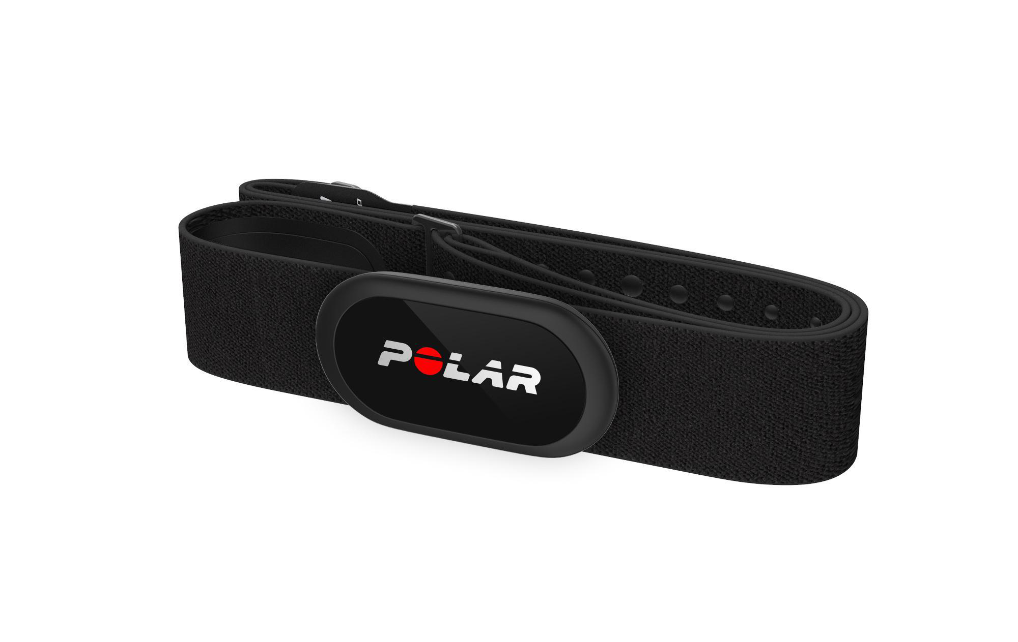 Schwarzer Polar-Herzfrequenzmesser-Gurt. Er hat einen schwarzen, ovalen Sensor mit dem Polar-Logo darauf.