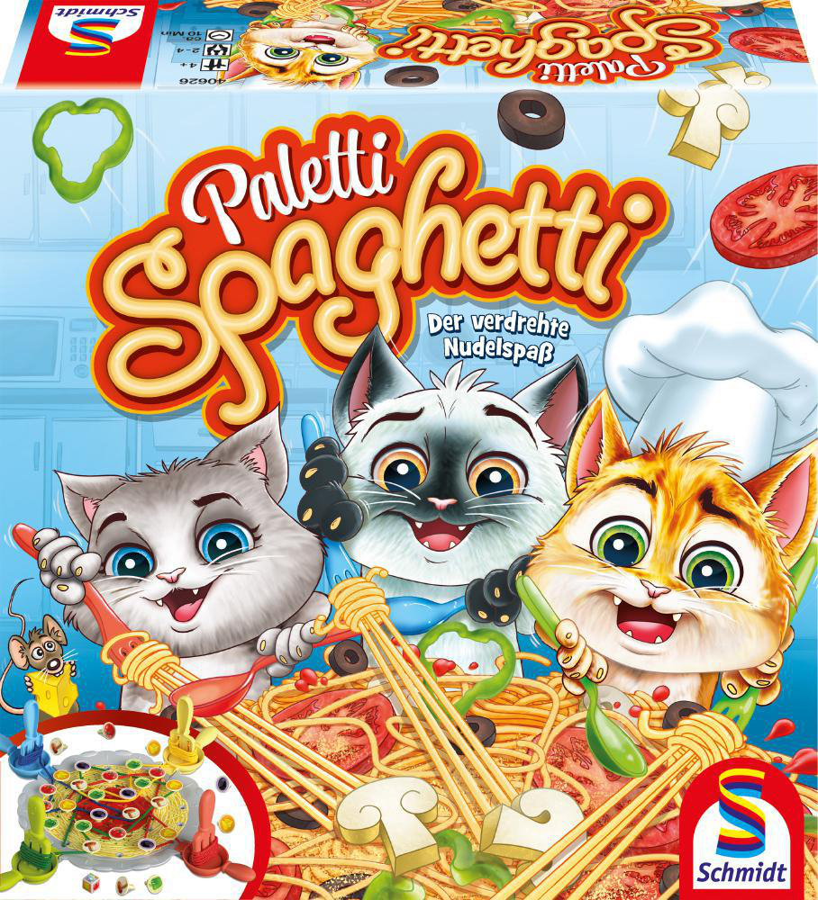 Box-Art für ein Paletti Spaghetti Brettspiel, mit Cartoon-Katzen und Spaghetti.
