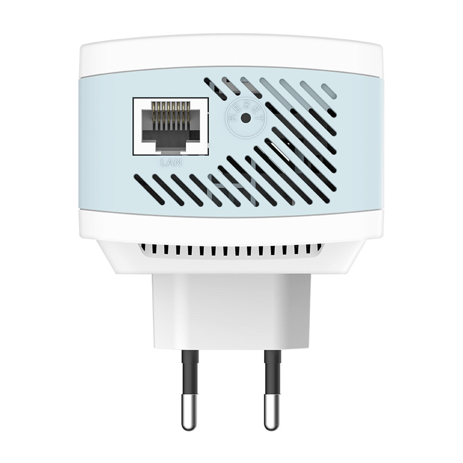 Un adattatore powerline bianco e blu con porta Ethernet e spina.
