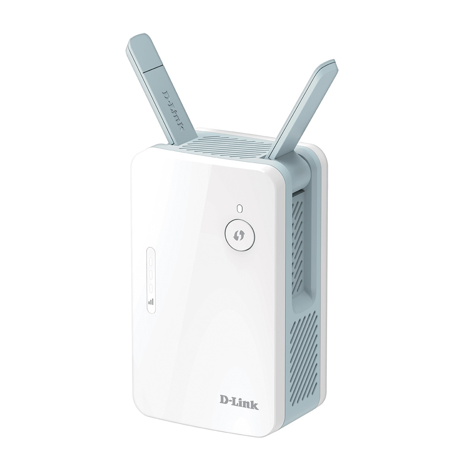 Estensore WiFi D-Link bianco e azzurro con due antenne, su sfondo bianco.