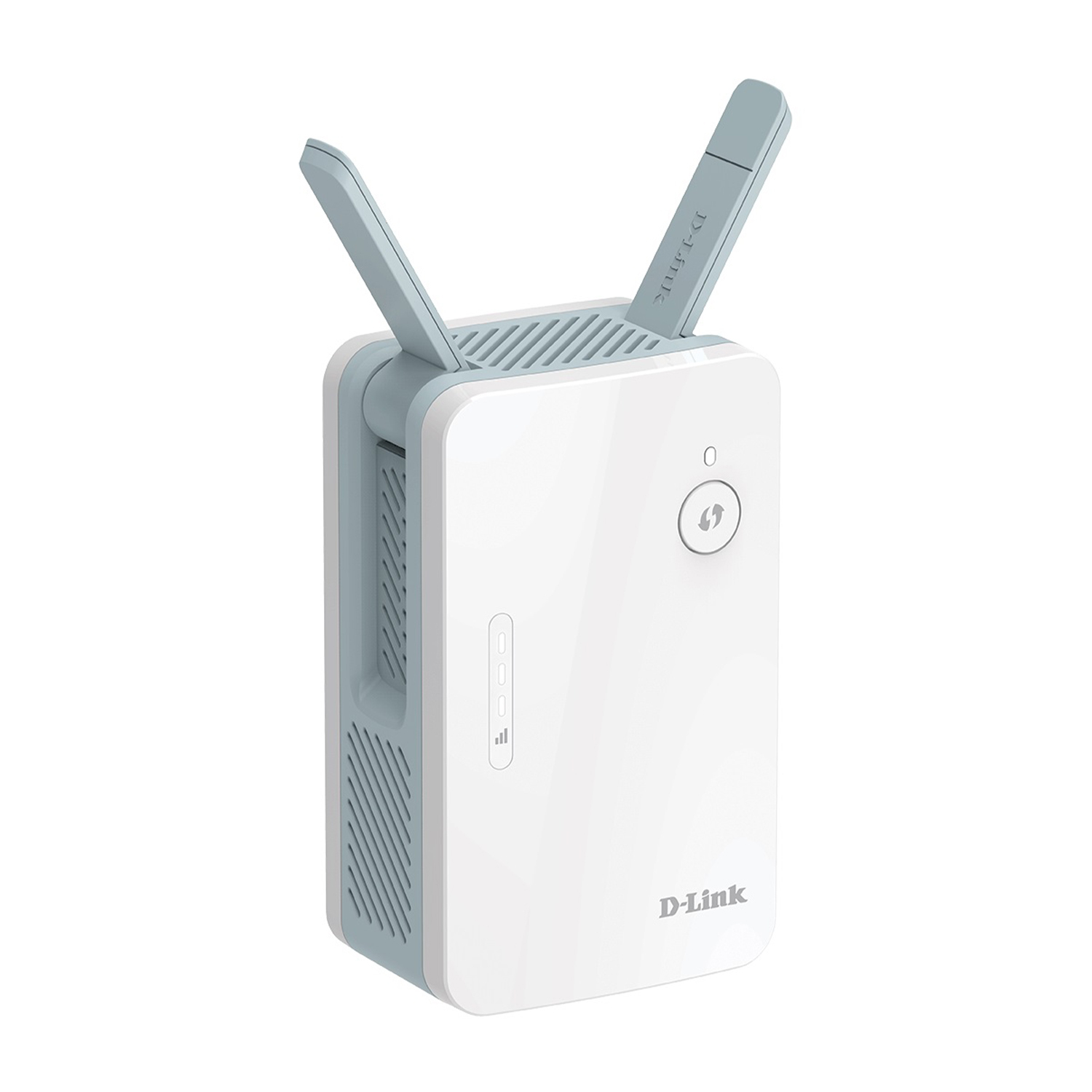Ripetitore Wi-Fi D-Link bianco con antenne, pulsante di accensione e spie.