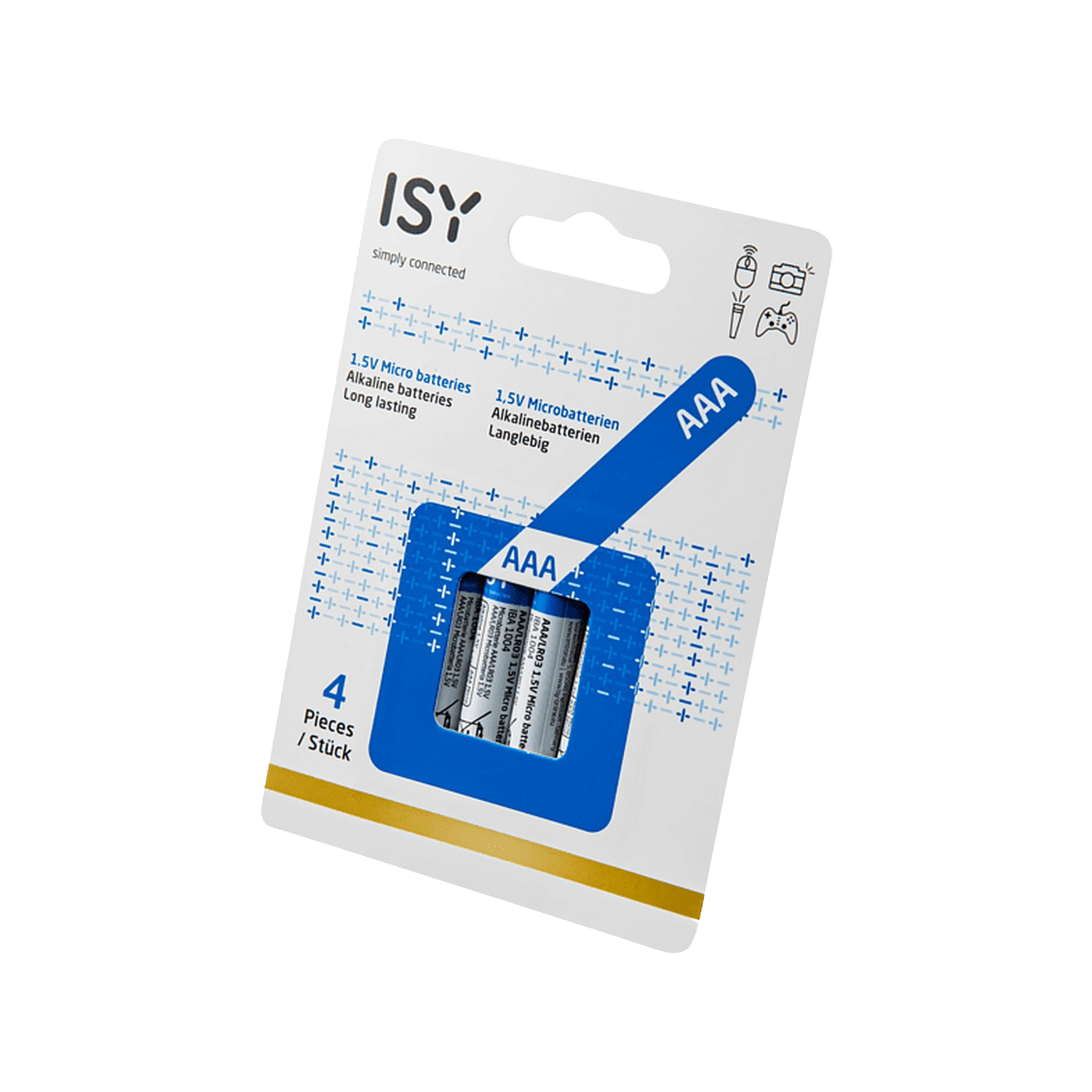 Pilas AAA en un paquete. El paquete es blanco y azul y tiene la marca ISY.