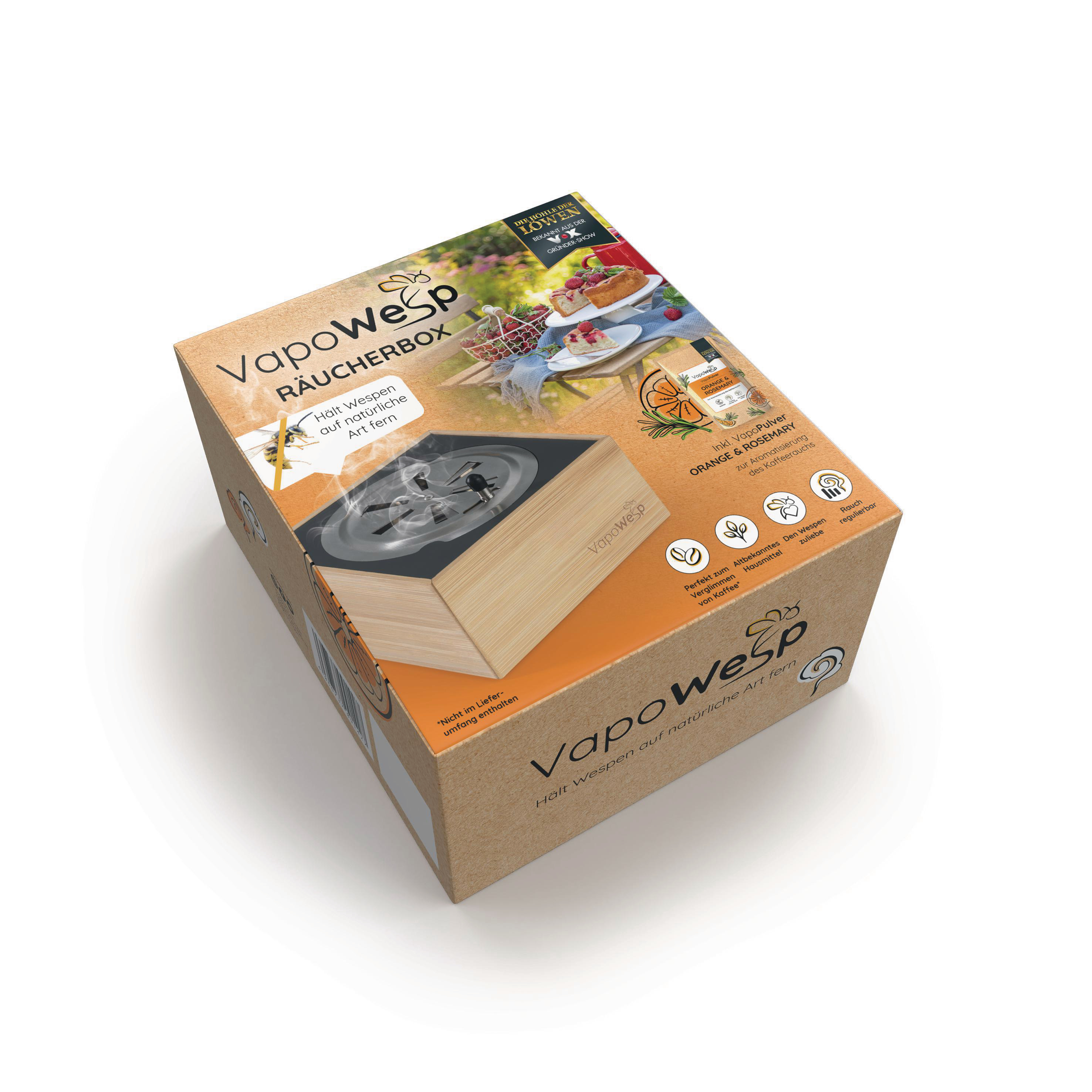 Schachtel der VapoWesp Räucherbox mit einem Bild einer Tischdekoration, Text und Logo.