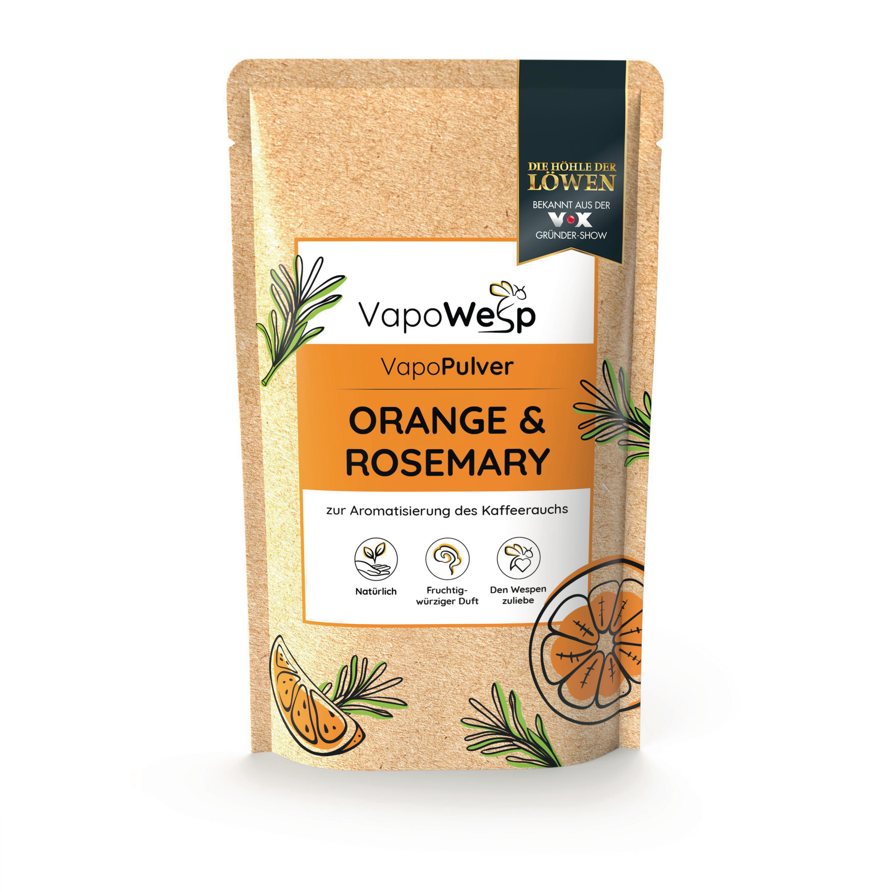 Braune Papiertüte mit Produktetikett Orange und Rosmarin.