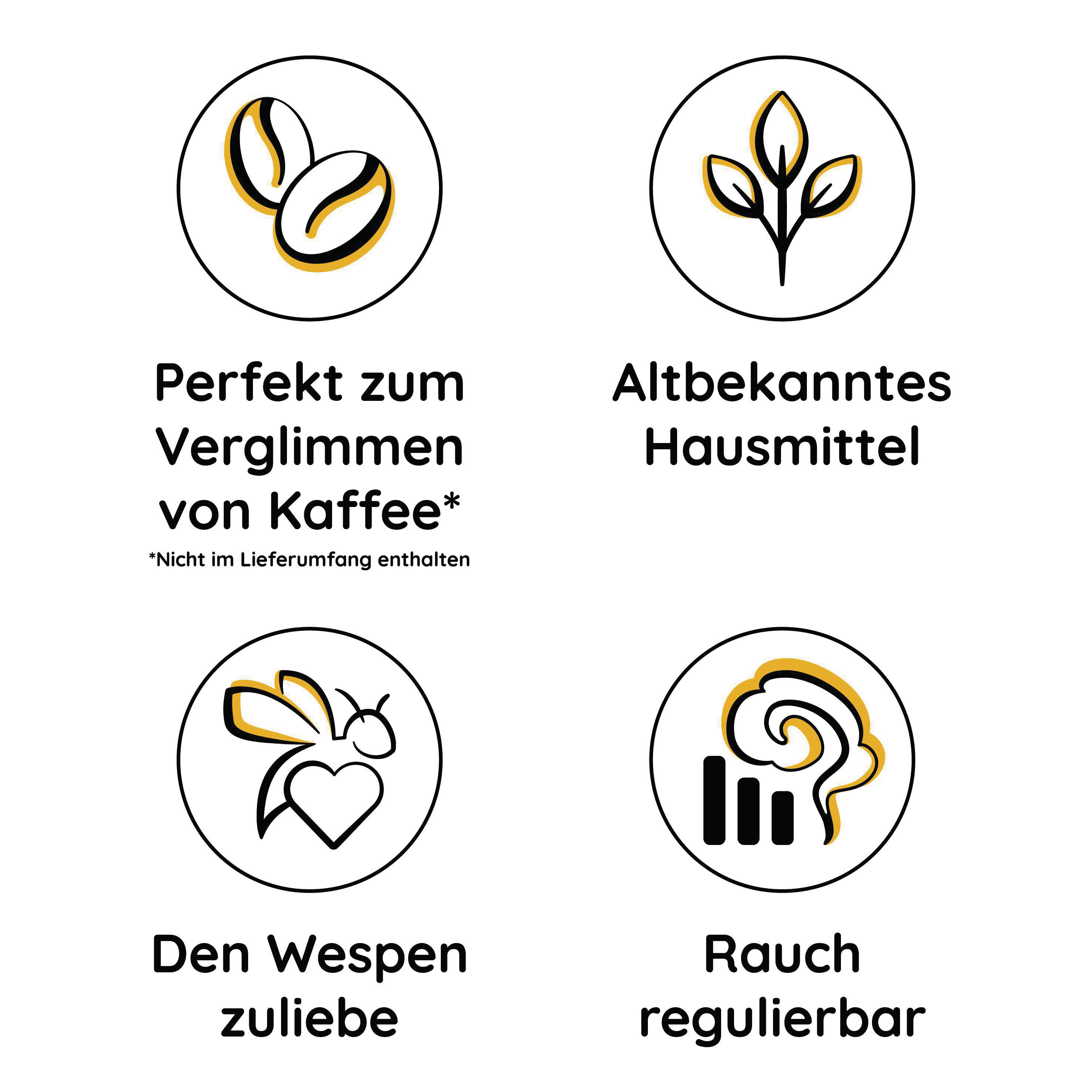 Vier Symbole mit Text, die Verwendungsmöglichkeiten eines Produkts vorschlagen.