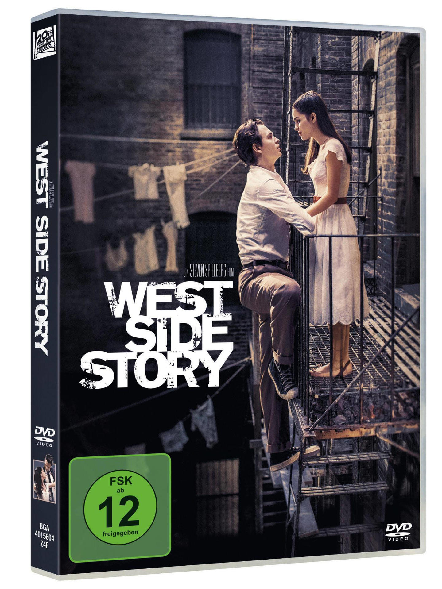 DVD-Cover von "West Side Story". Zwei Personen auf einer Feuerleiter, Backsteinmauer und Titeltext. Altersfreigabe.