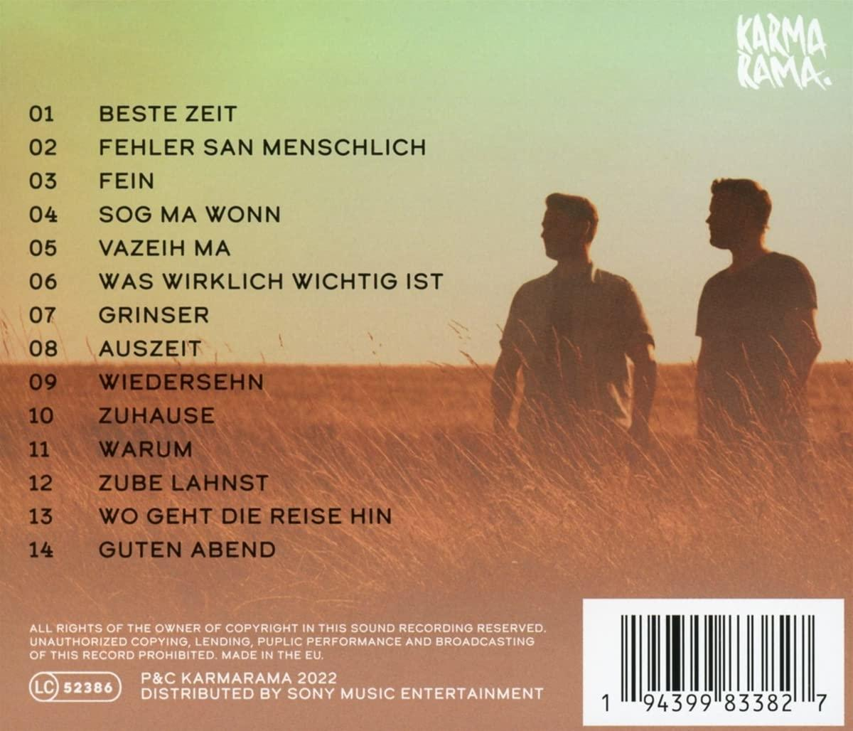 Rückseite eines Musikalbums, mit einer Liste von Songs, zwei Personensilhouetten und dem Namen des Künstlers.