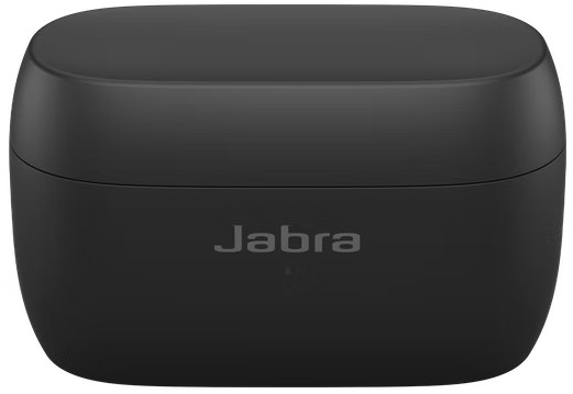 Zwarte Jabra oplaadcase, een rechthoekige doos met afgeronde randen. 'Jabra' is erop gedrukt.