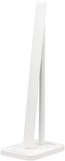 A white LED desk lamp. It has a rectangular base with control buttons, a long light panel, and a supporting stand. 