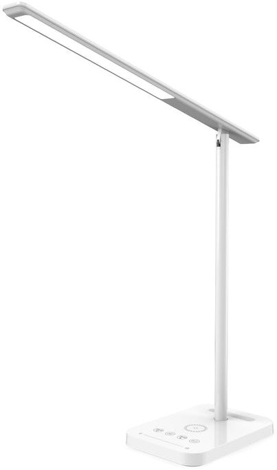 A white LED desk lamp is shown. It has a rectangular base, a vertical pole, and an adjustable, long, thin light head.