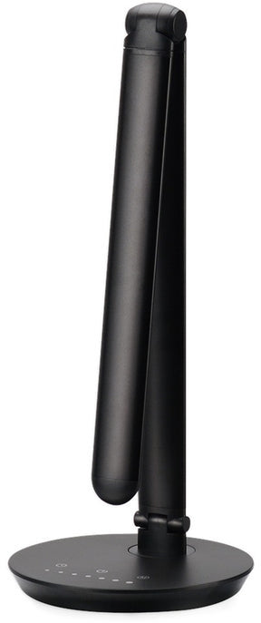 A black desk lamp with a round base and adjustable arm. The lamp is on a white background. The lamp is turned off.