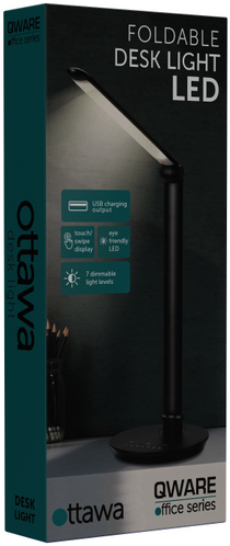 Black desk lamp in a box. Features include USB charging, touch display, eye-friendly LED, and 7 light levels.