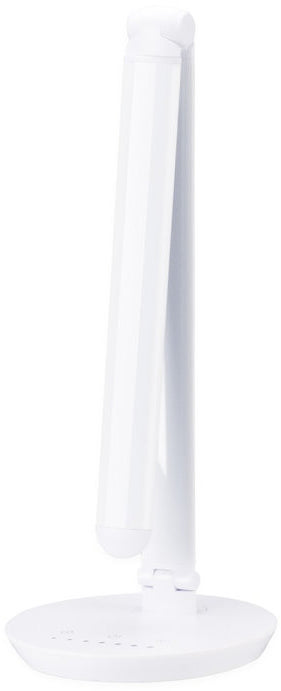 A white desk lamp with an adjustable arm and a round base. It is on a white background.
