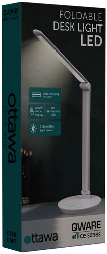 A white and silver LED desk lamp is displayed on its box. The box has text about the lamp's features.