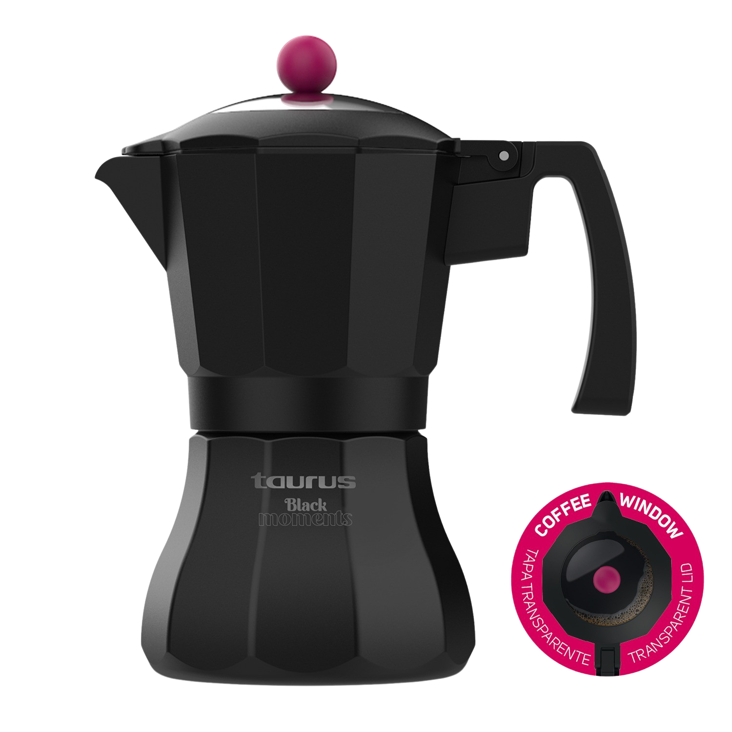 Cafetera negra con pomo de tapa rosa y ventana transparente.
