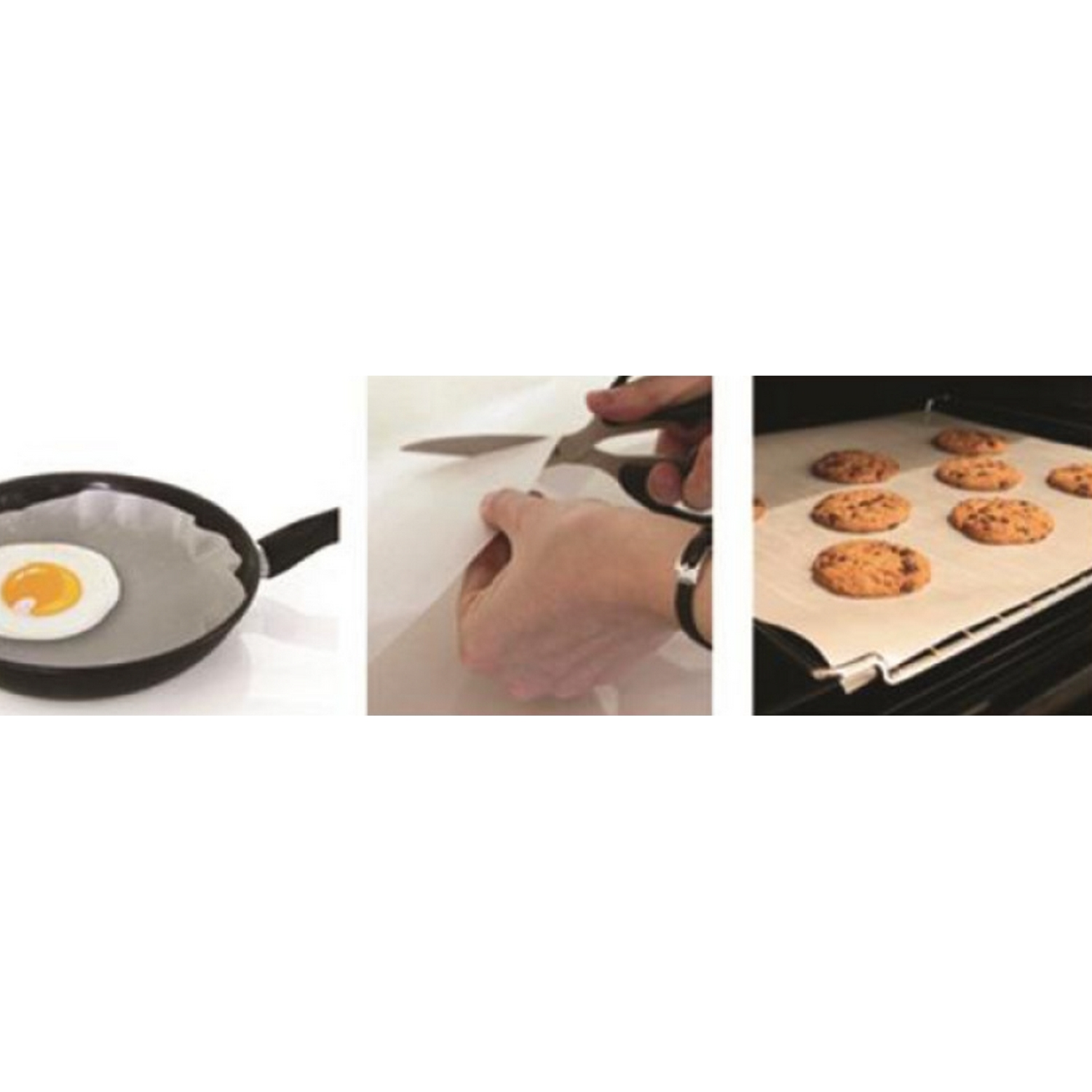 Una serie de imágenes que muestran la preparación de alimentos: freír un huevo, cortar papel, galletas.