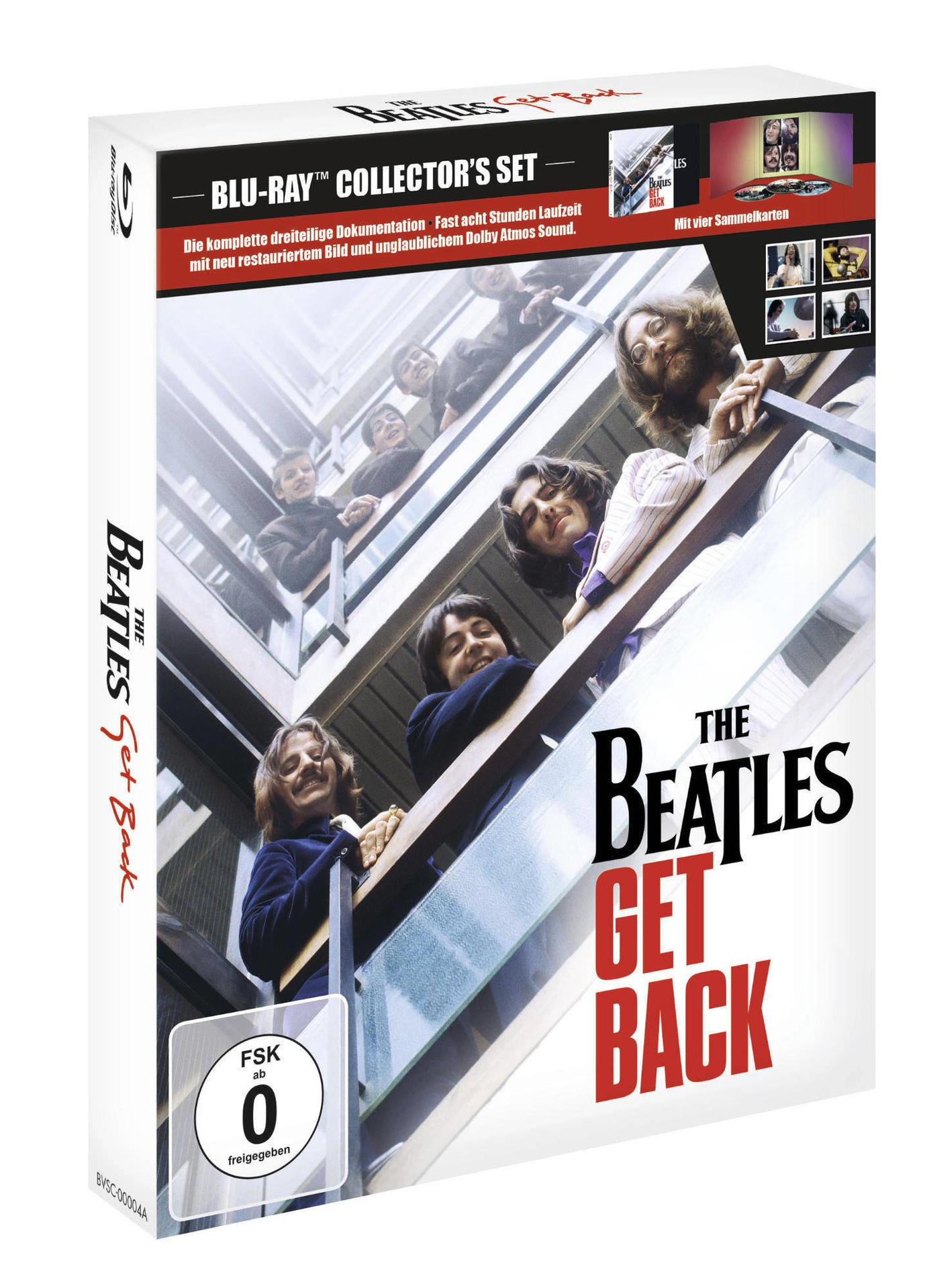 Blu-ray-Box-Set von The Beatles Get Back. Zeigt Bandmitglieder auf einer Treppe.