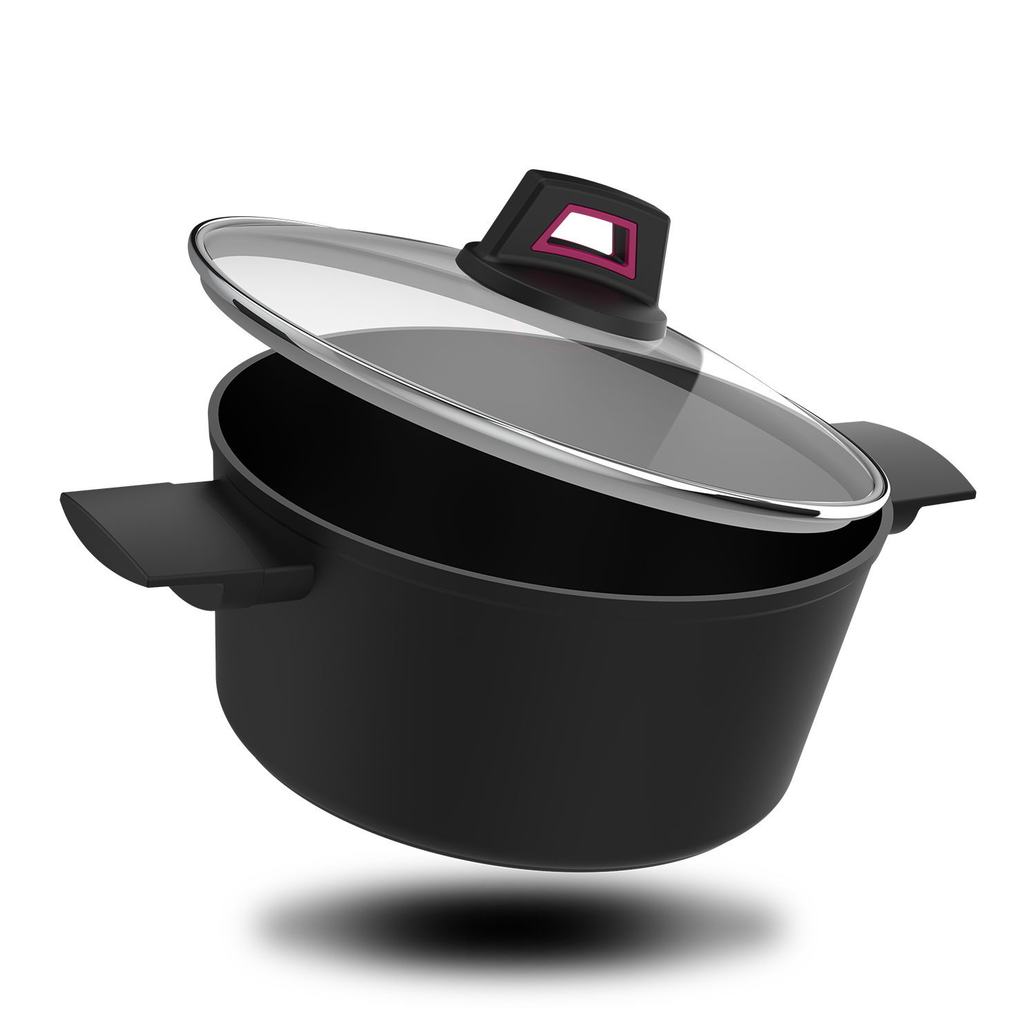 Una olla negra con tapa de vidrio sobre un fondo blanco. La tapa está ligeramente abierta.