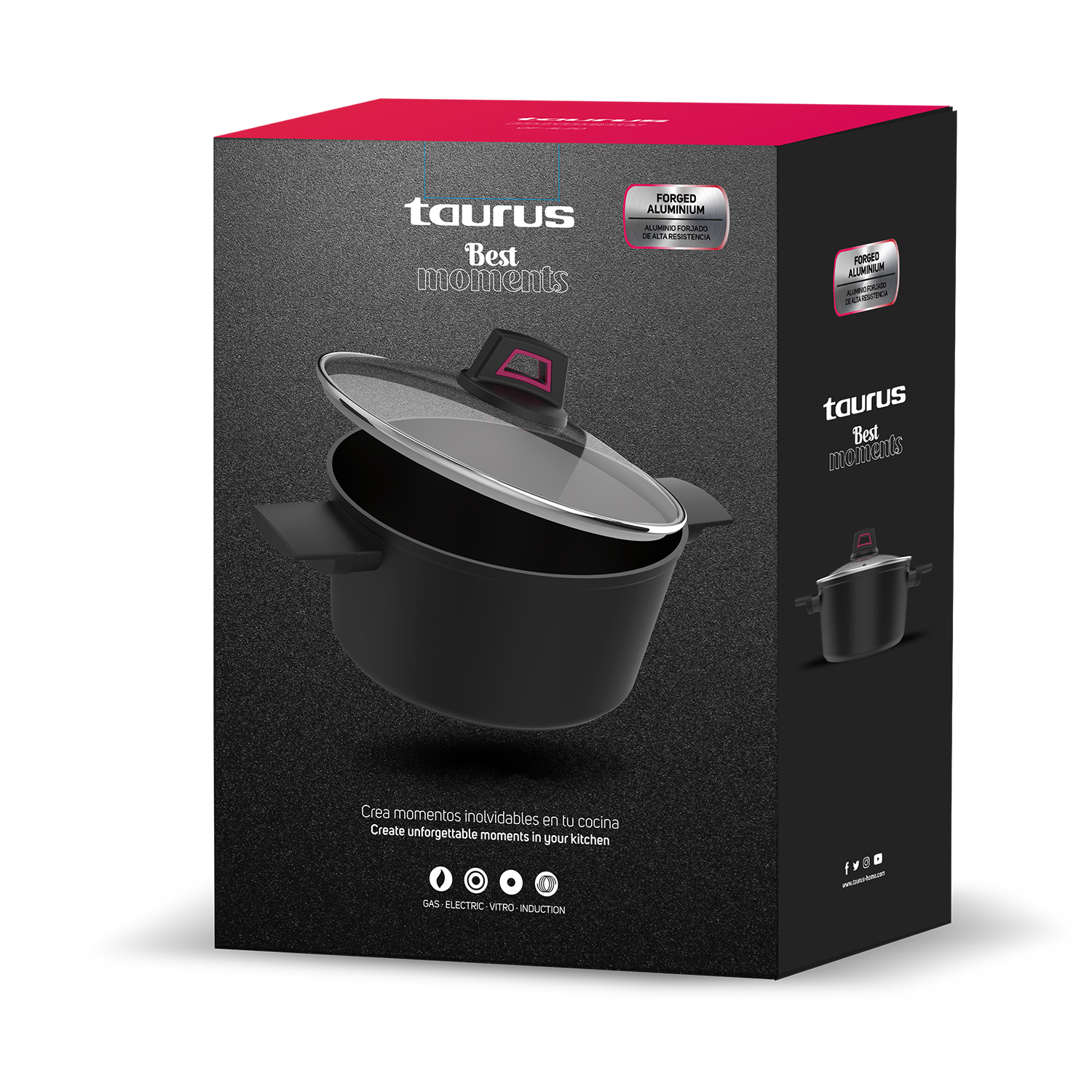 Olla de cocina negra Taurus con tapa transparente, en una caja roja y negra.