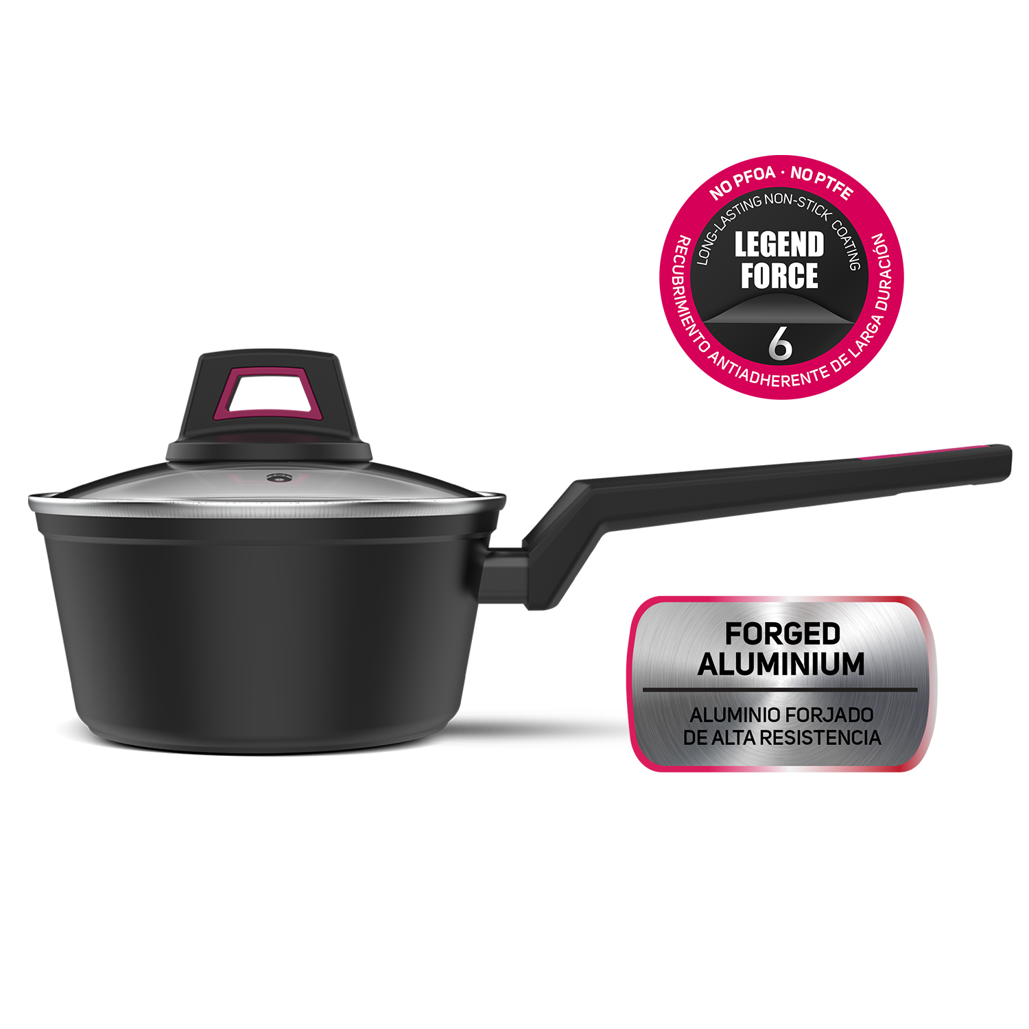 Olla negra con tapa y asa. Con acento rojo y etiqueta 'Forged Aluminium'.