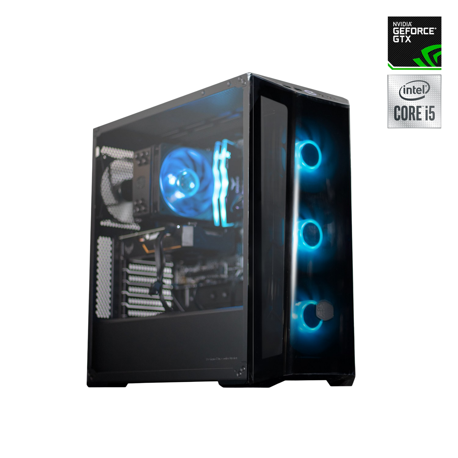 Una carcasa de ordenador con luces azules y los componentes internos.