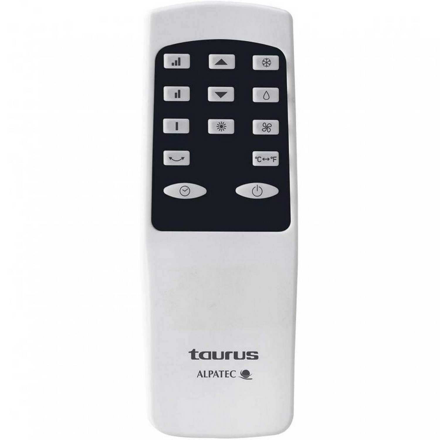 Mando a distancia blanco con botones negros y logo Taurus Alpatec.