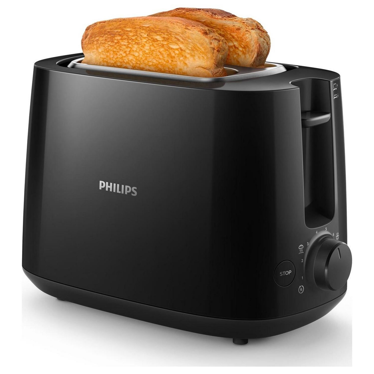 Tostadora negra con dos rebanadas de pan tostado dentro. La marca PHILIPS es visible.