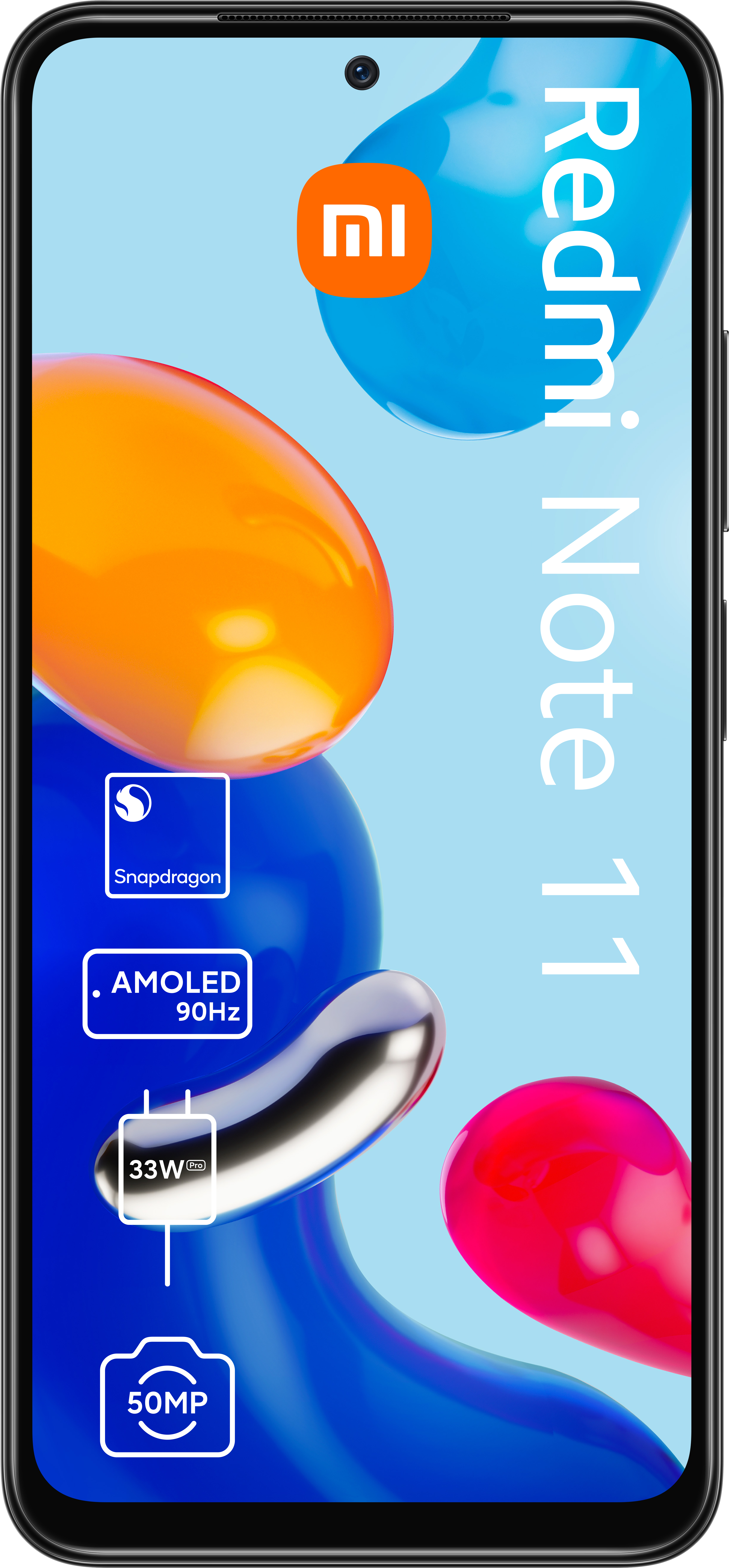 Smartphone, Vorderansicht. Redmi Note 11. Zeigt ein farbenfrohes Grafikdisplay.