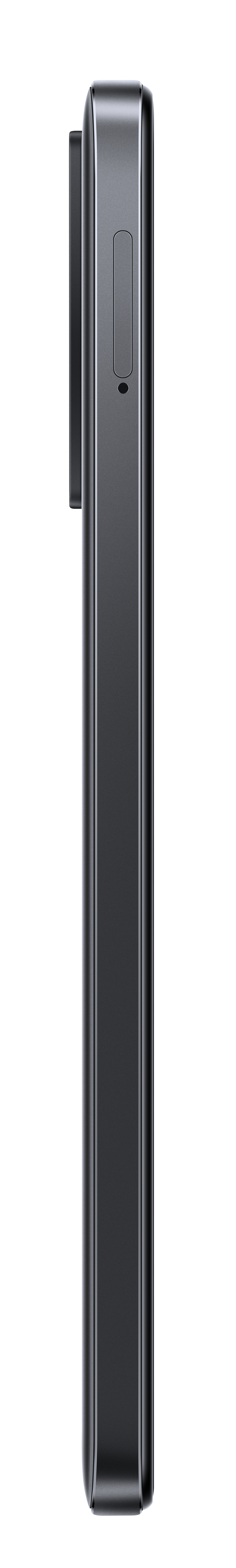 Seitenansicht eines schwarzen Smartphones. Es hat eine Kamera und ein Mikrofon an der Seite.