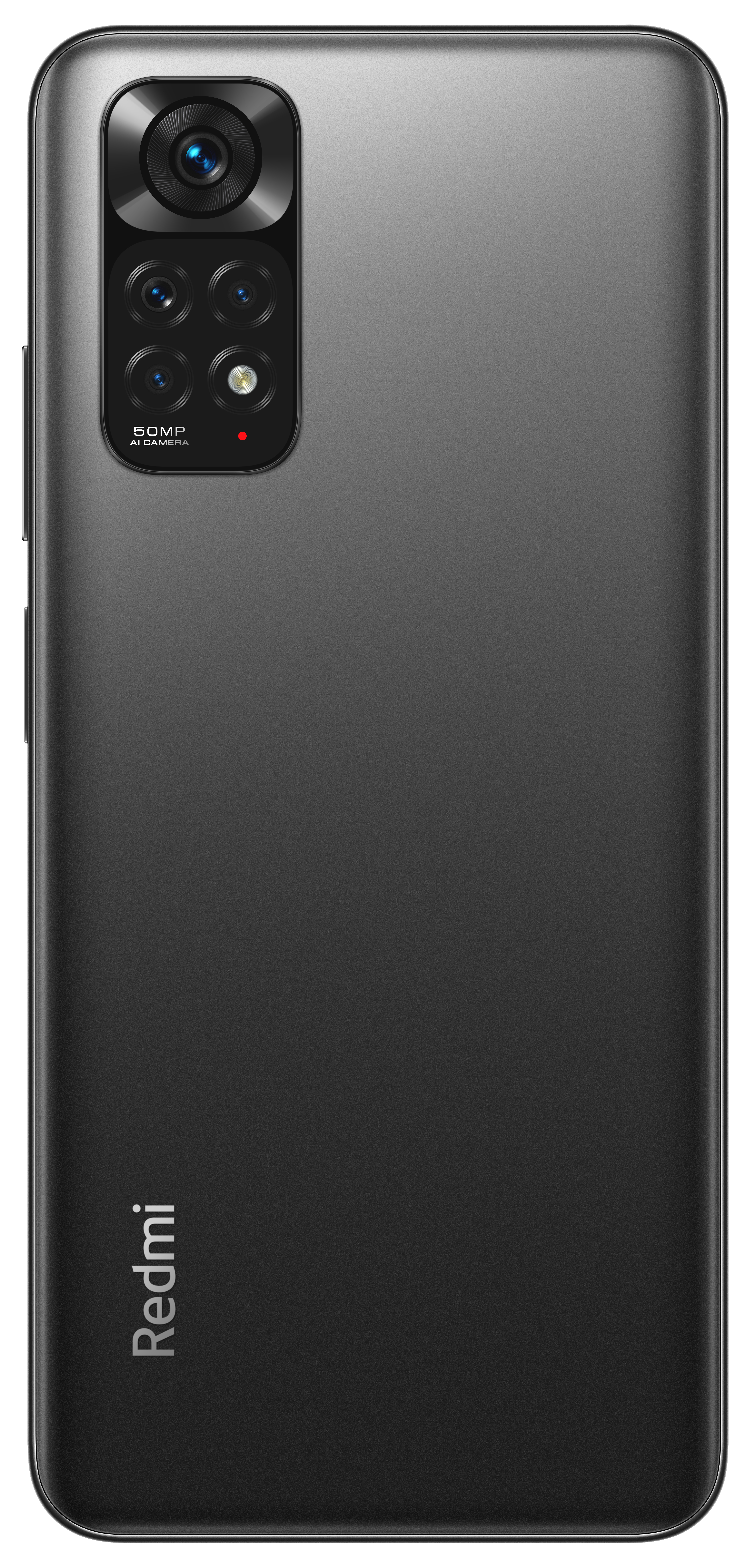 Rückansicht eines dunkelgrauen Smartphones mit mehreren Kameras und dem Redmi-Logo.